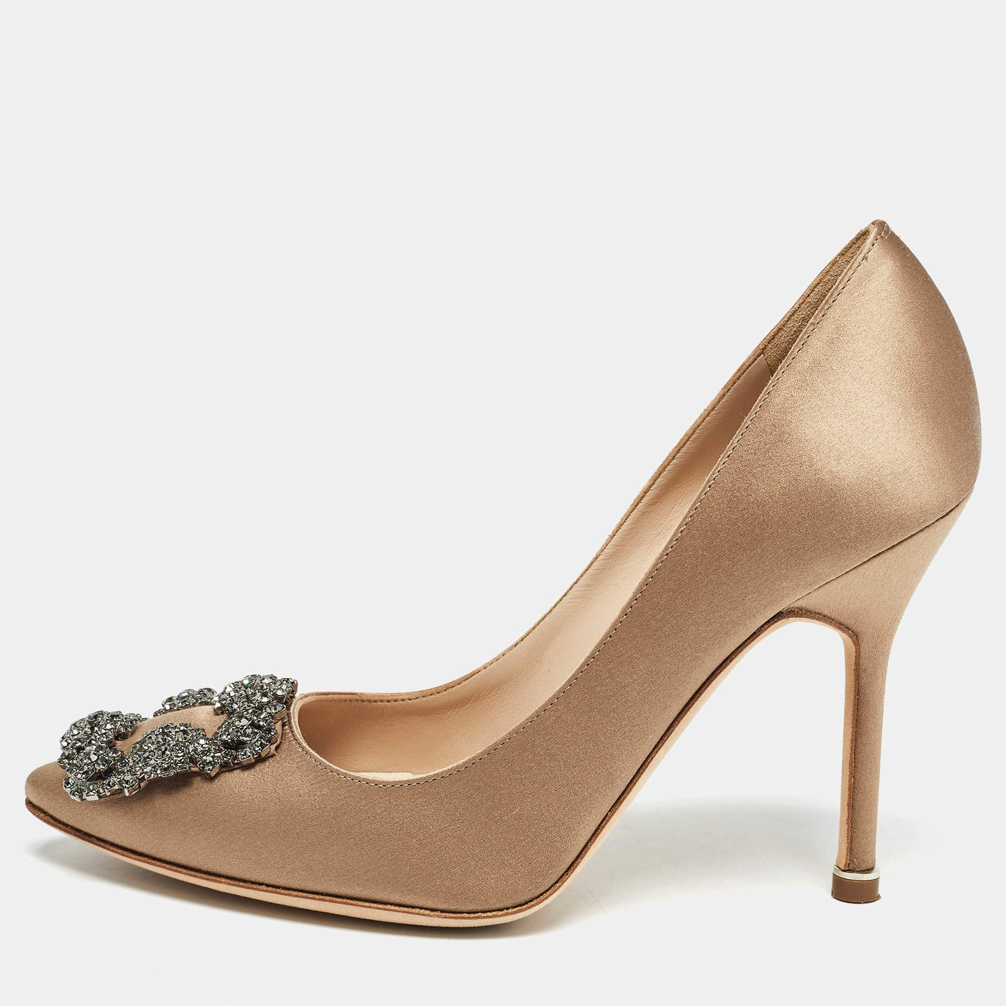 Pre Owned Manolo Blahnik Brown Satin Hangisi Pumps Size 35