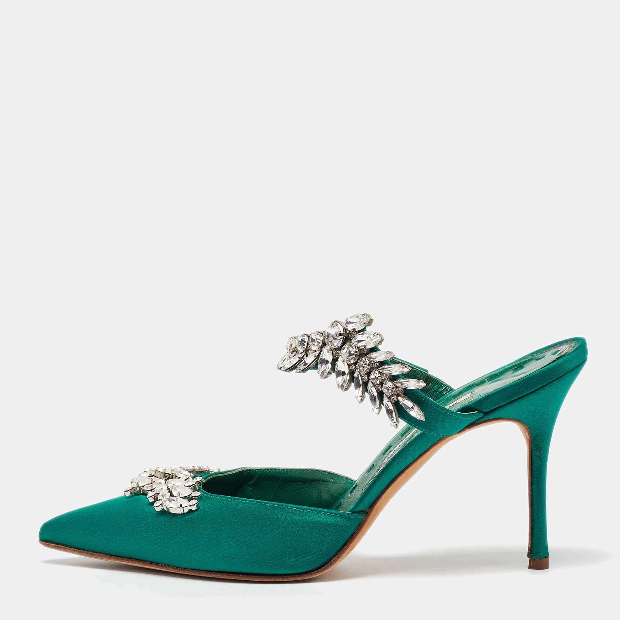 Manolo Blahnik Green Satin Lurum Heel Mules Size 38