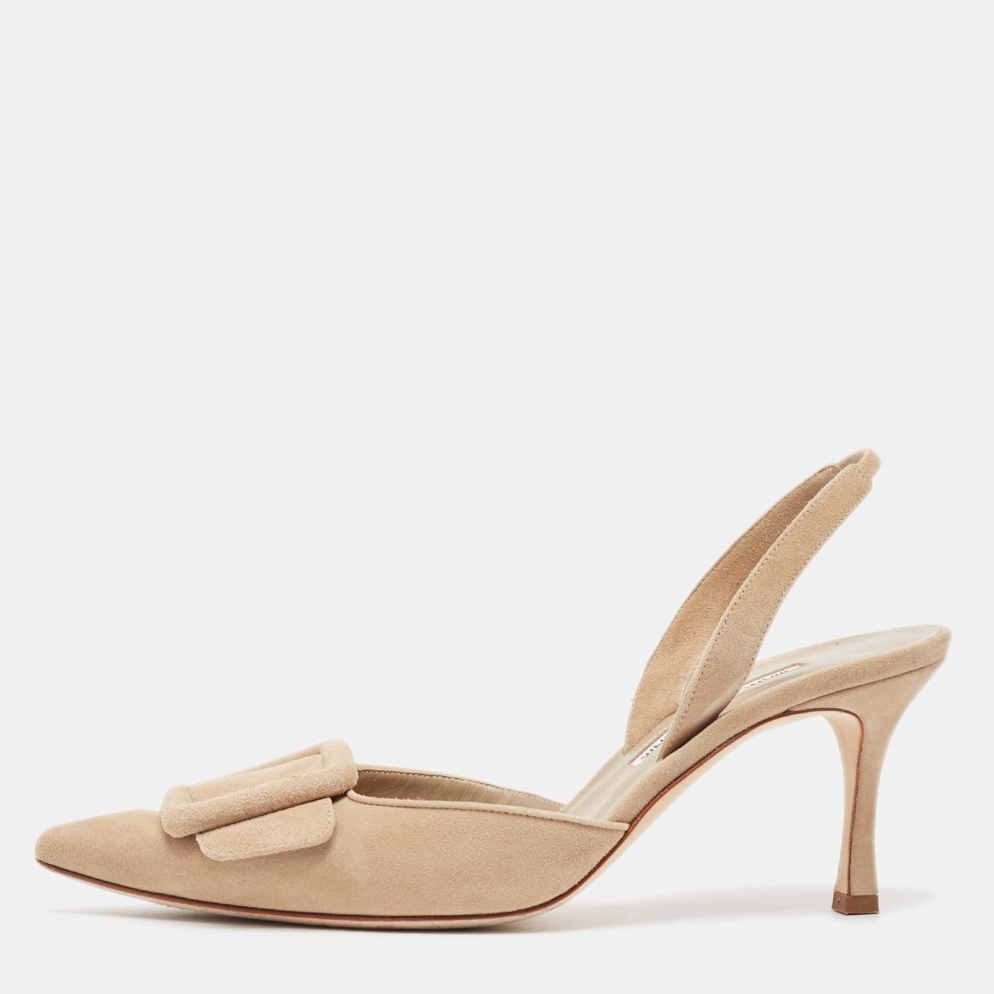 Pre Owned Manolo Blahnik Beige Suede Maysli Slingback Pumps Size 39