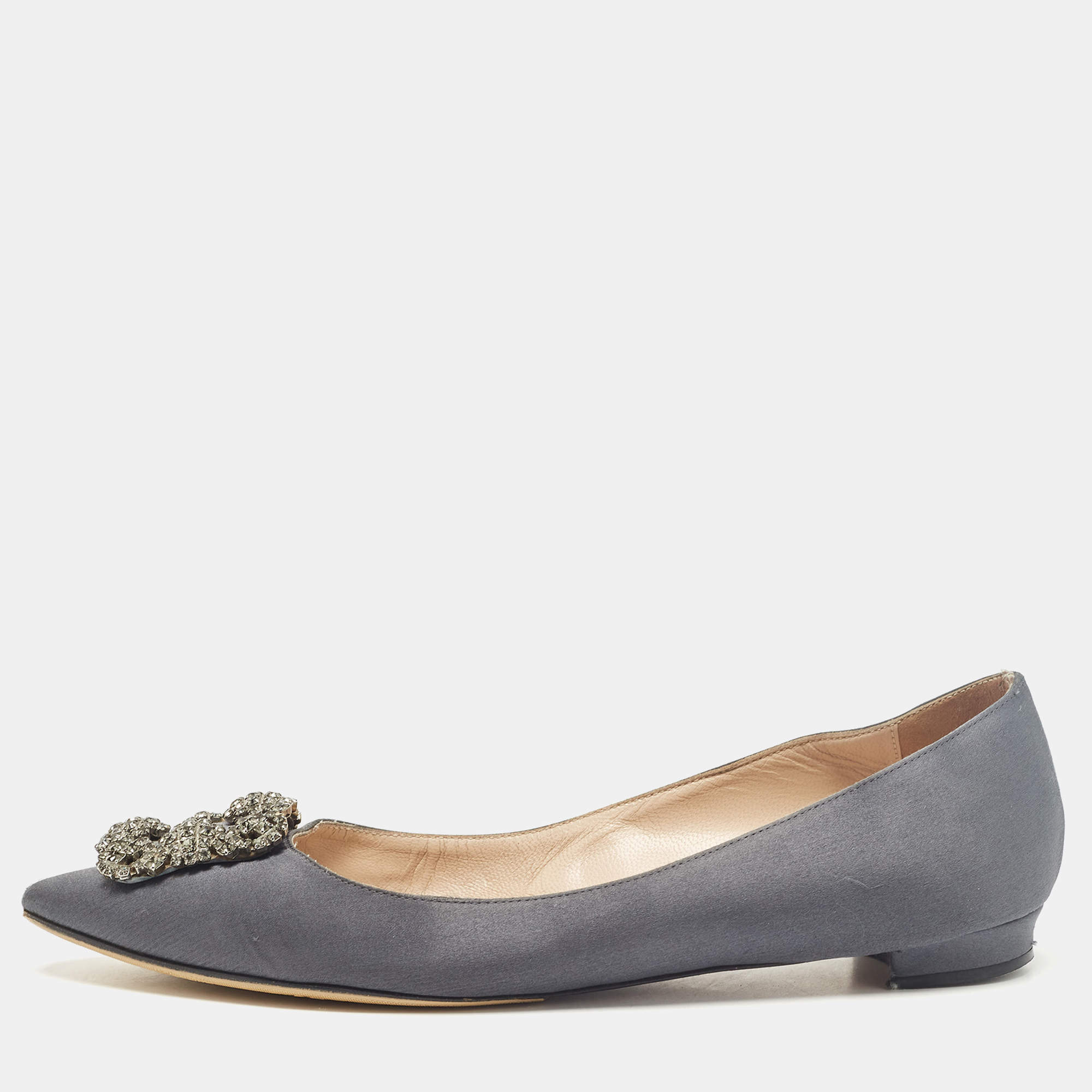 Pre Owned Manolo Blahnik Grey Satin Hangisi Ballet Flats Size 40