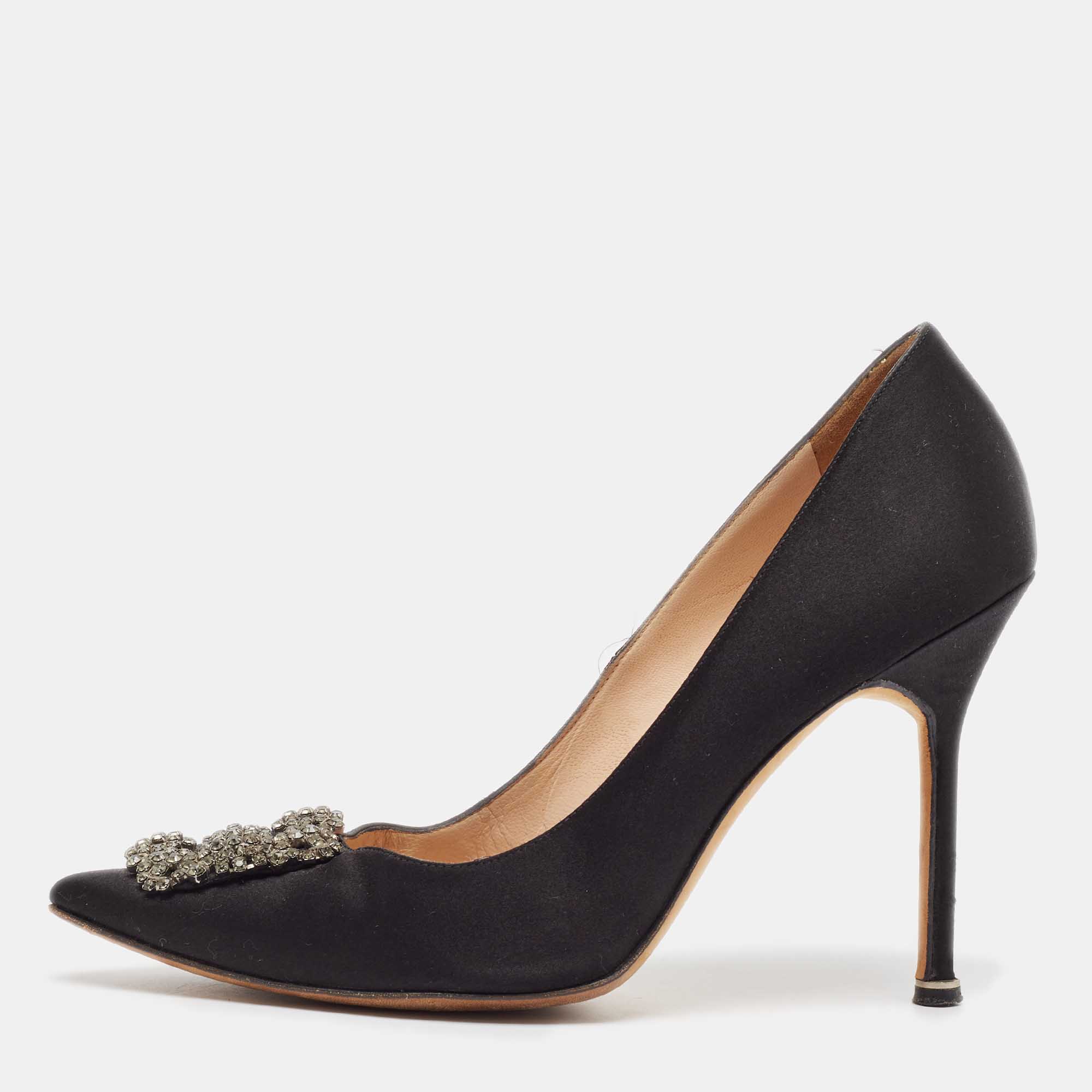 Pre Owned Manolo Blahnik Black Satin Hangisi Pumps Size 40