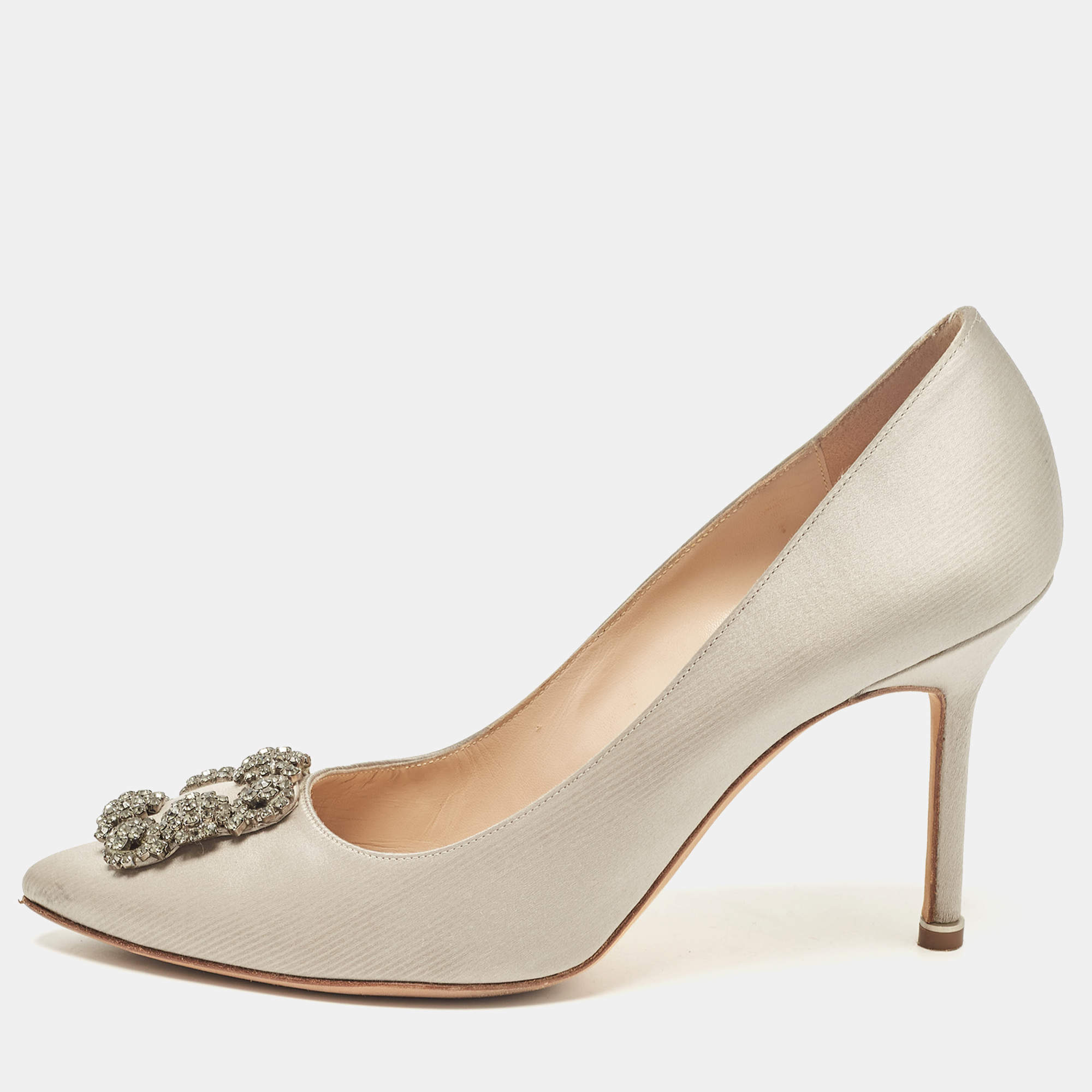 Pre Owned Manolo Blahnik Grey Satin Hangisi Pumps Size 40