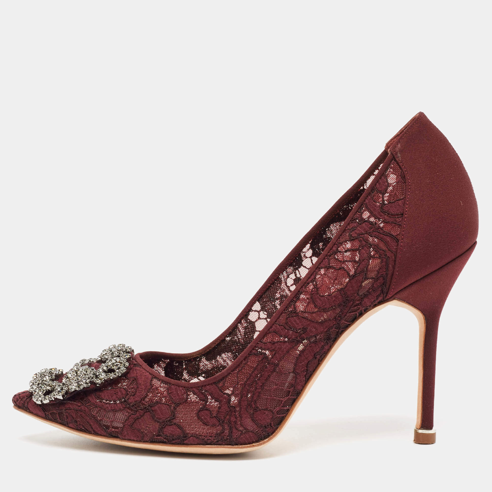 Pre Owned Manolo Blahnik Burgundy Lace and Mesh Hangisi Pumps Size 38