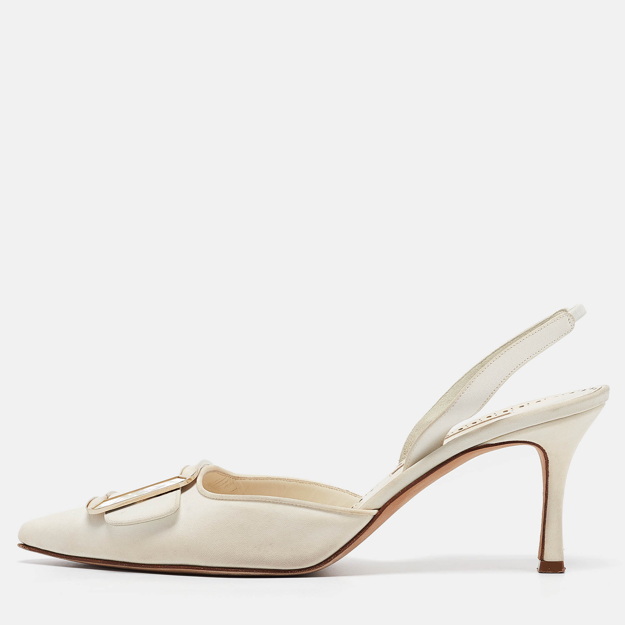 Pre Owned Manolo Blahnik Cream Canvas Maysli Pumps Size 39.5