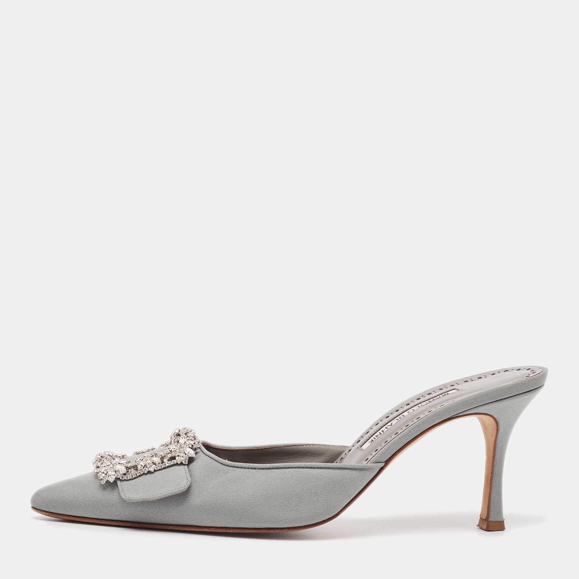Manolo Blahnik Grey Satin Maysale Mules Size 40