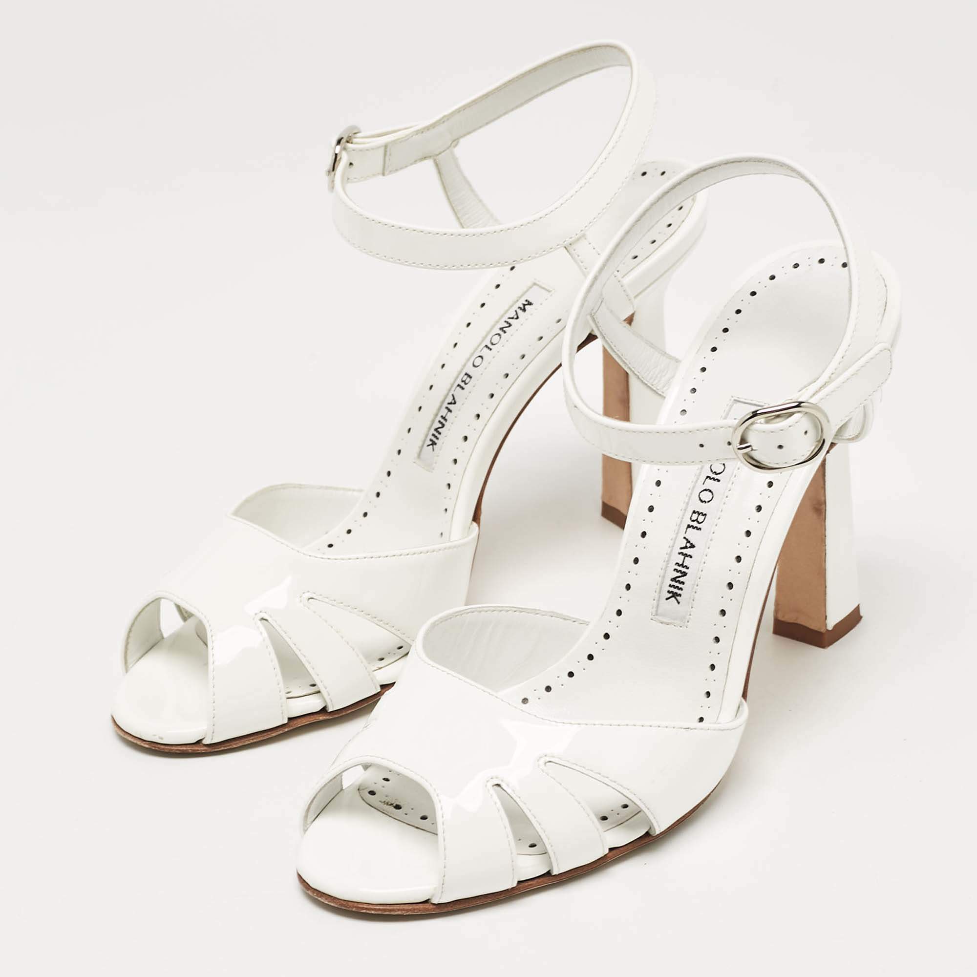 Manila cheapest Blahnik White Leather Jeweled Strappy Sandal Heel Size 37 1/2