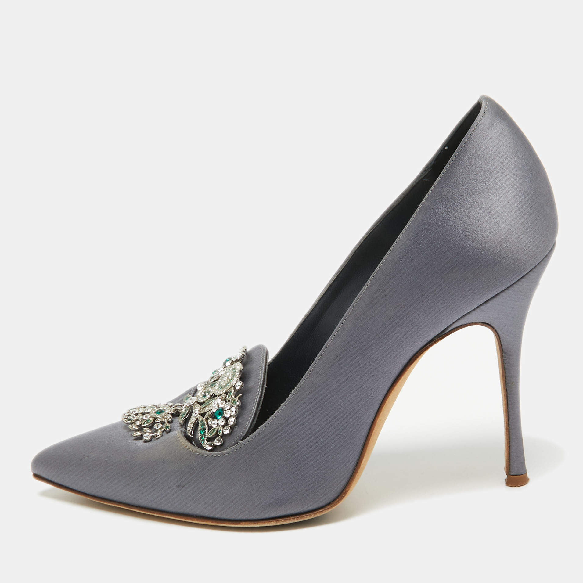 Manolo Blahnik Grey Satin Crystal Embellished Giralda Pumps Size 37