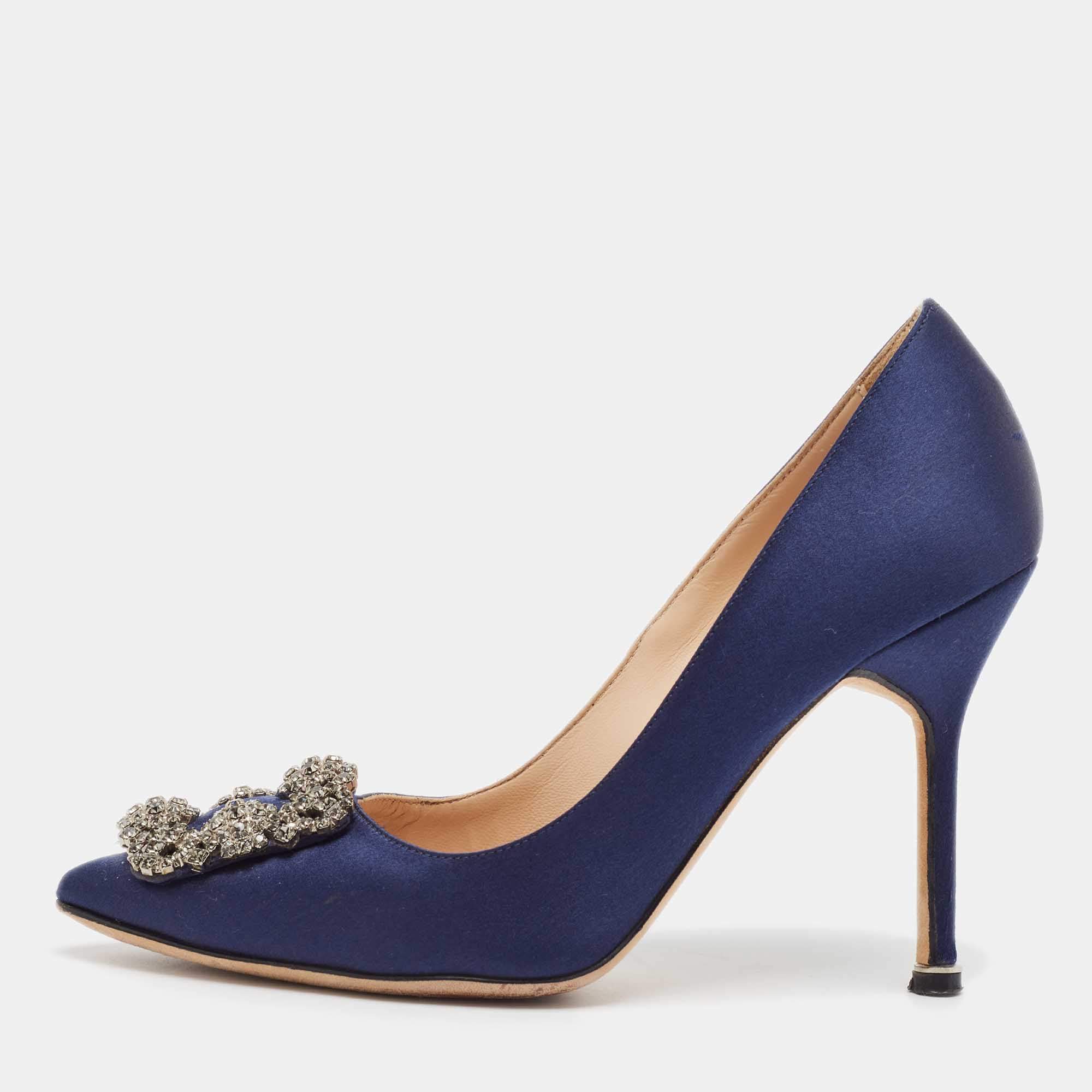 Pre Owned Manolo Blahnik Navy Blue Satin Hangisi Pumps Size 36