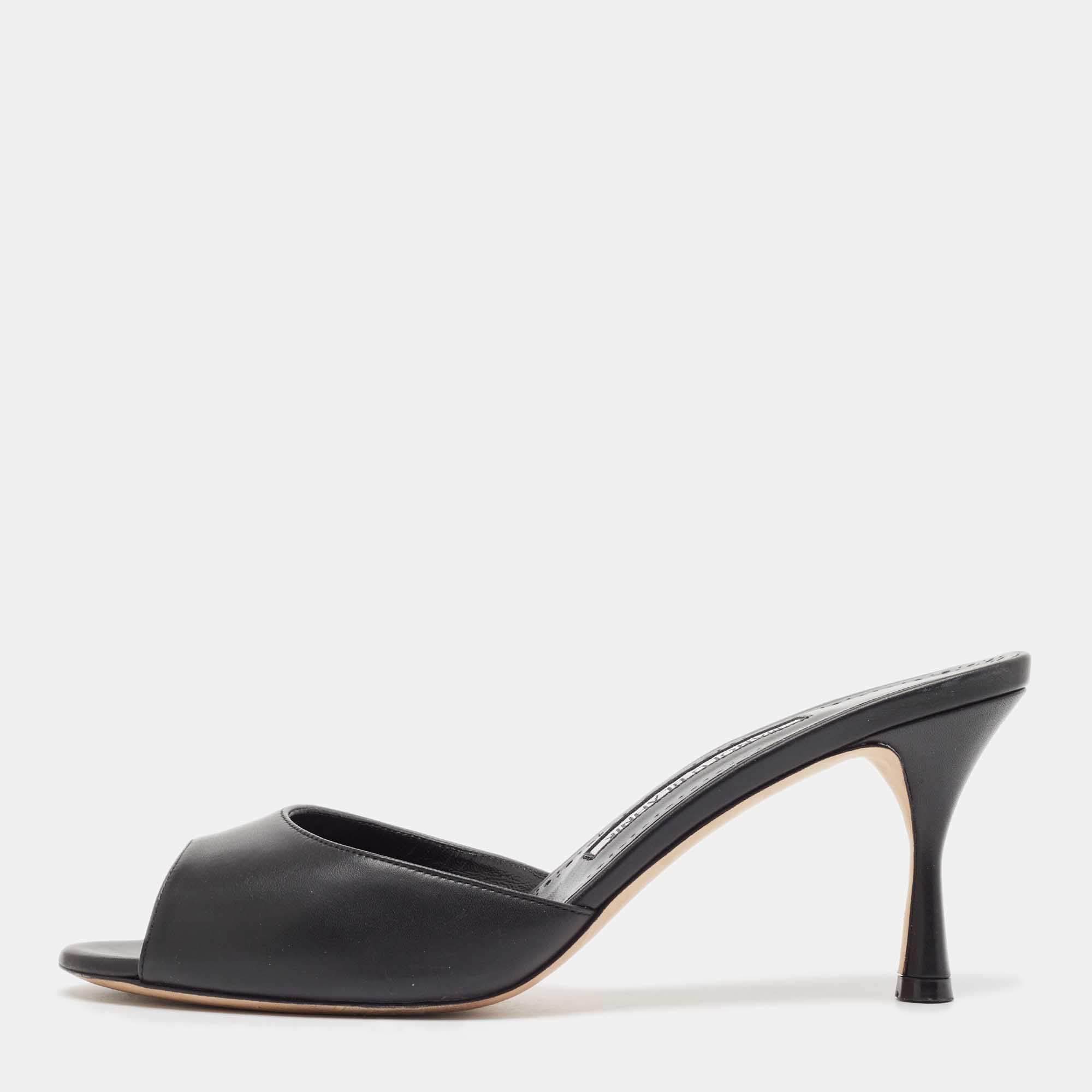 Pre Owned Manolo Blahnik Black Leather Jada Slide Sandals Size 38.5