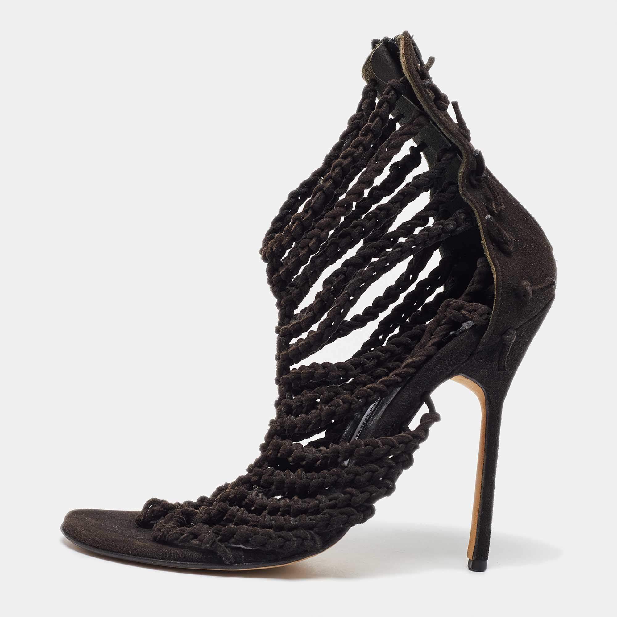 Manolo Blahnik Black Suede Braided Ankle Strap Sandals Size 36.5