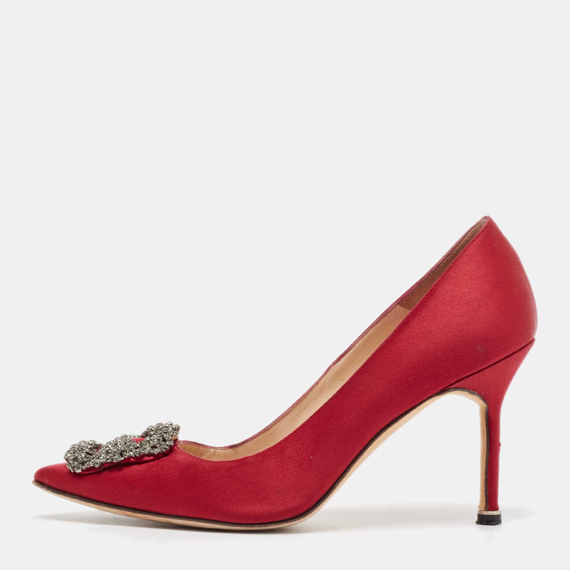 Pre Owned Manolo Blahnik Red Satin Hangisi Pumps Size 37