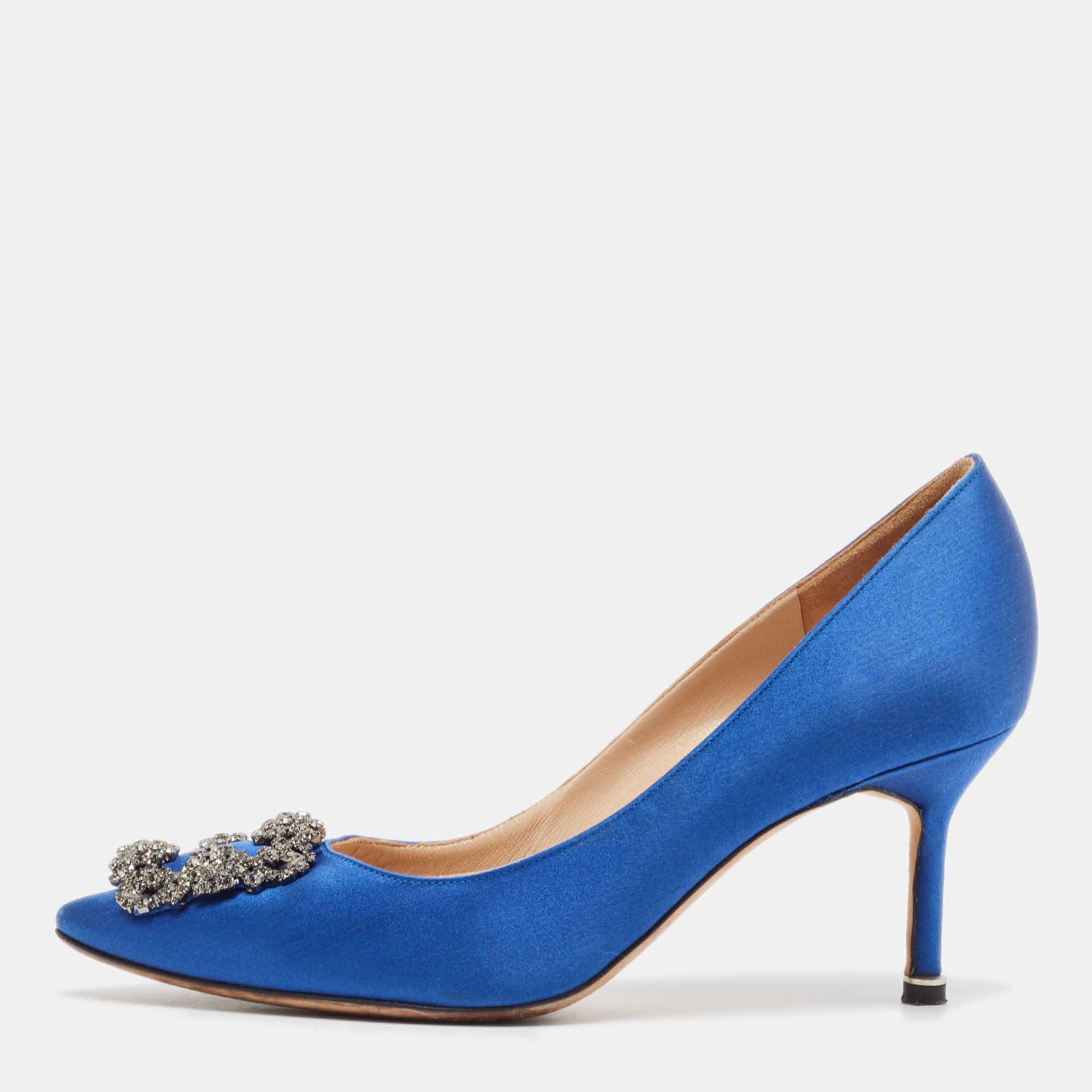 Manolo Blahnik Blue Satin Hangisi Pumps Size 37.5