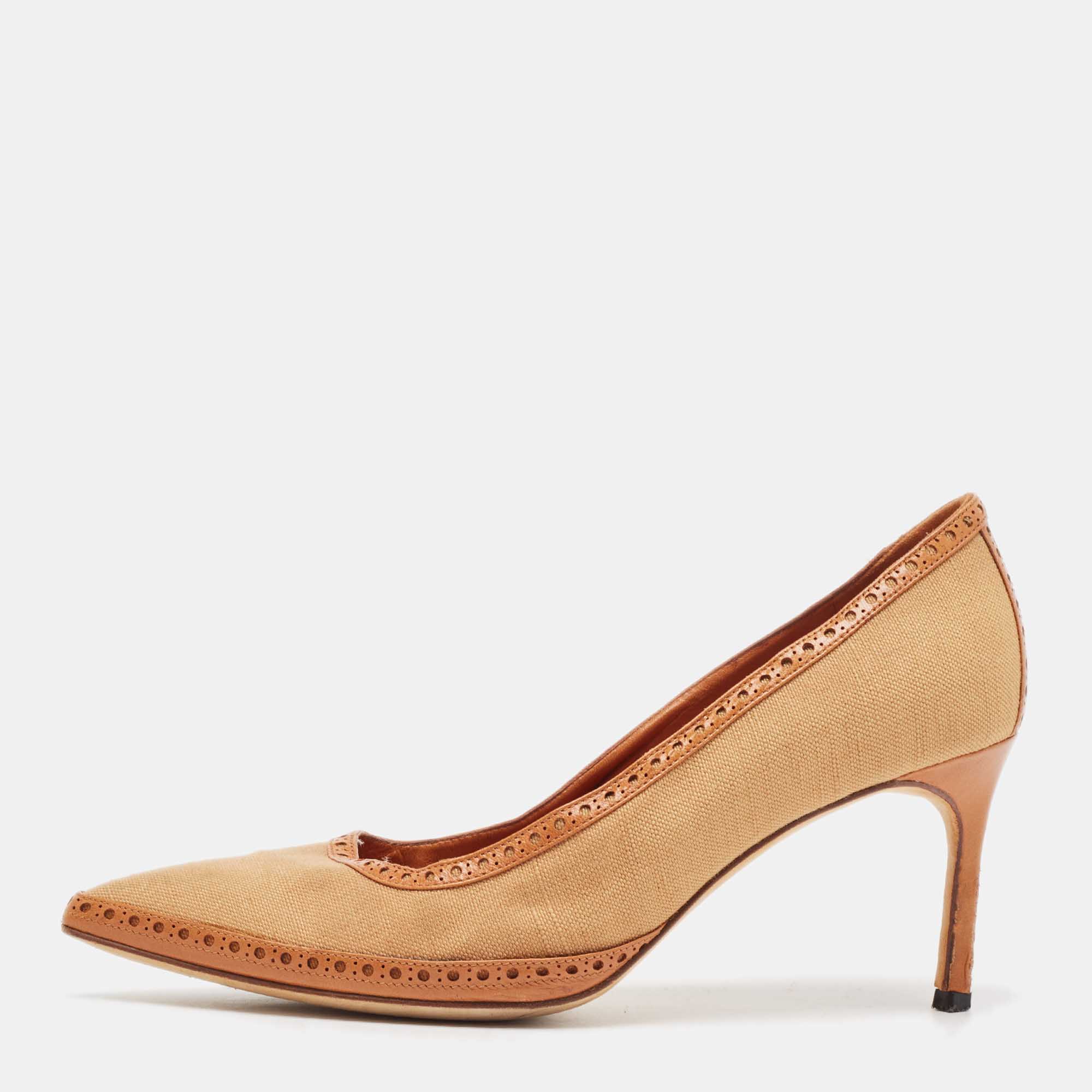 Manolo Blahnik Brown Canvas and Leather Pointed Toe Pumps Size 36.5