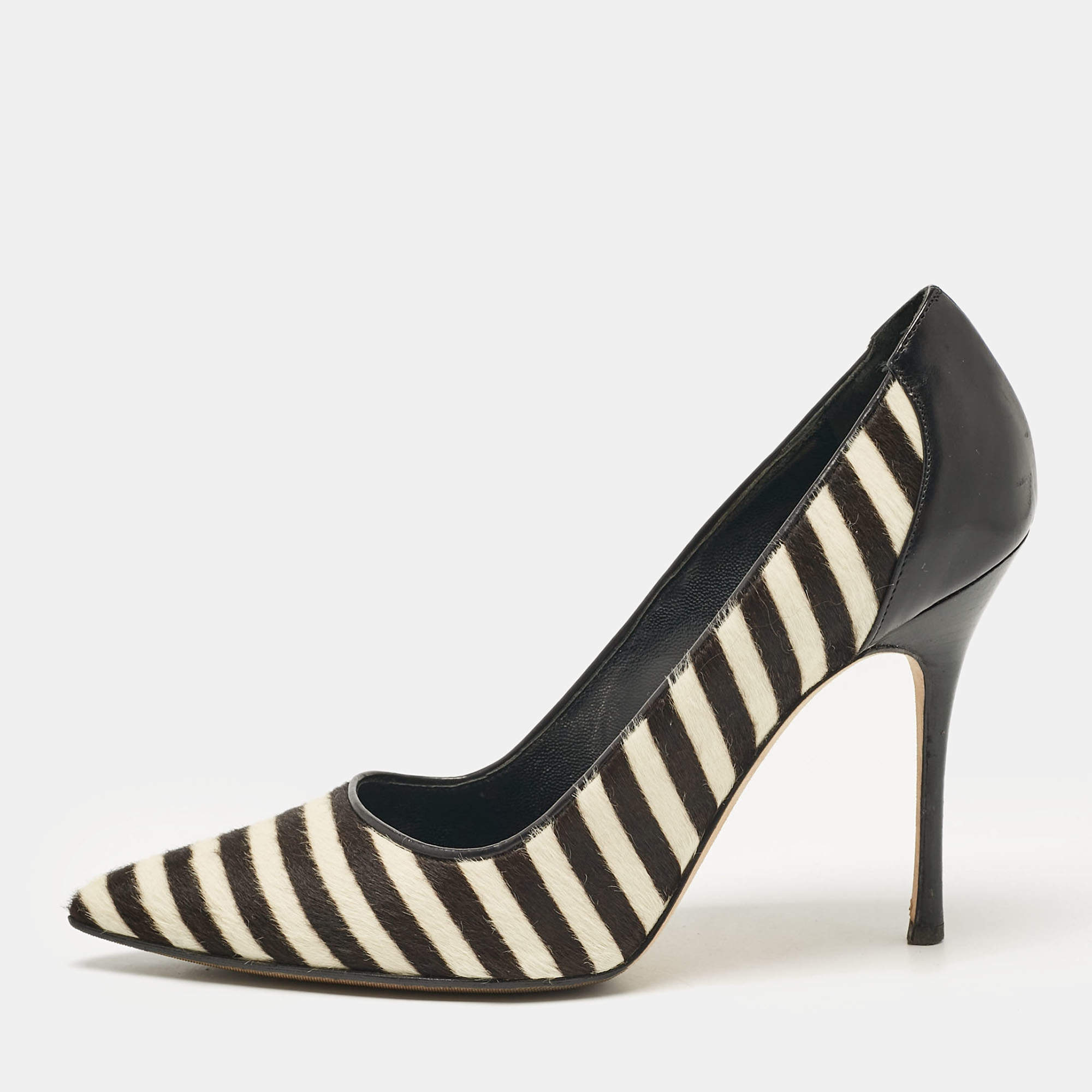 Pre Owned Manolo Blahnik Black Calfhair and Leather Stiped Pumps Size 38