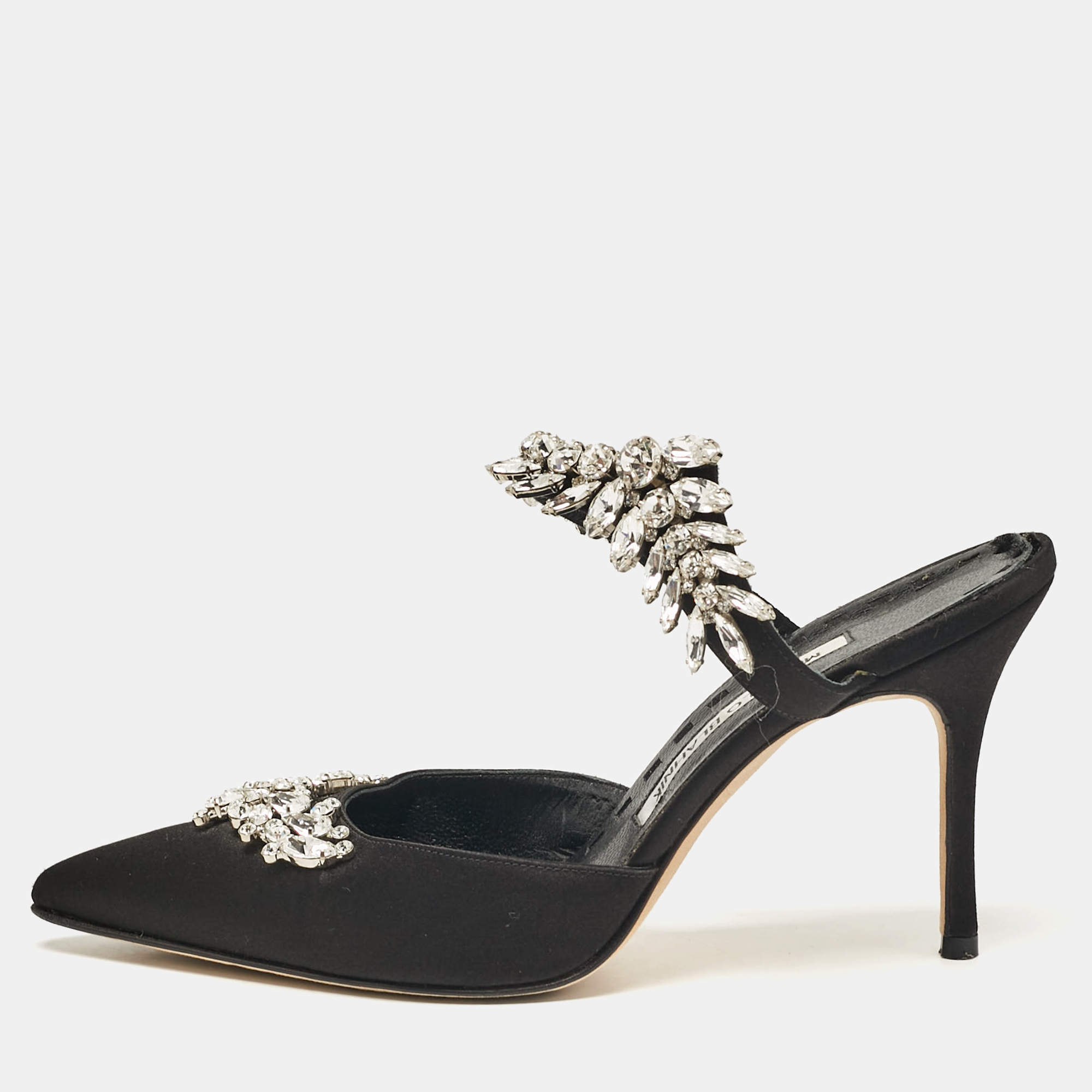Manolo Blahnik Black Satin Crystal Embellished Lurum Mules Size 37