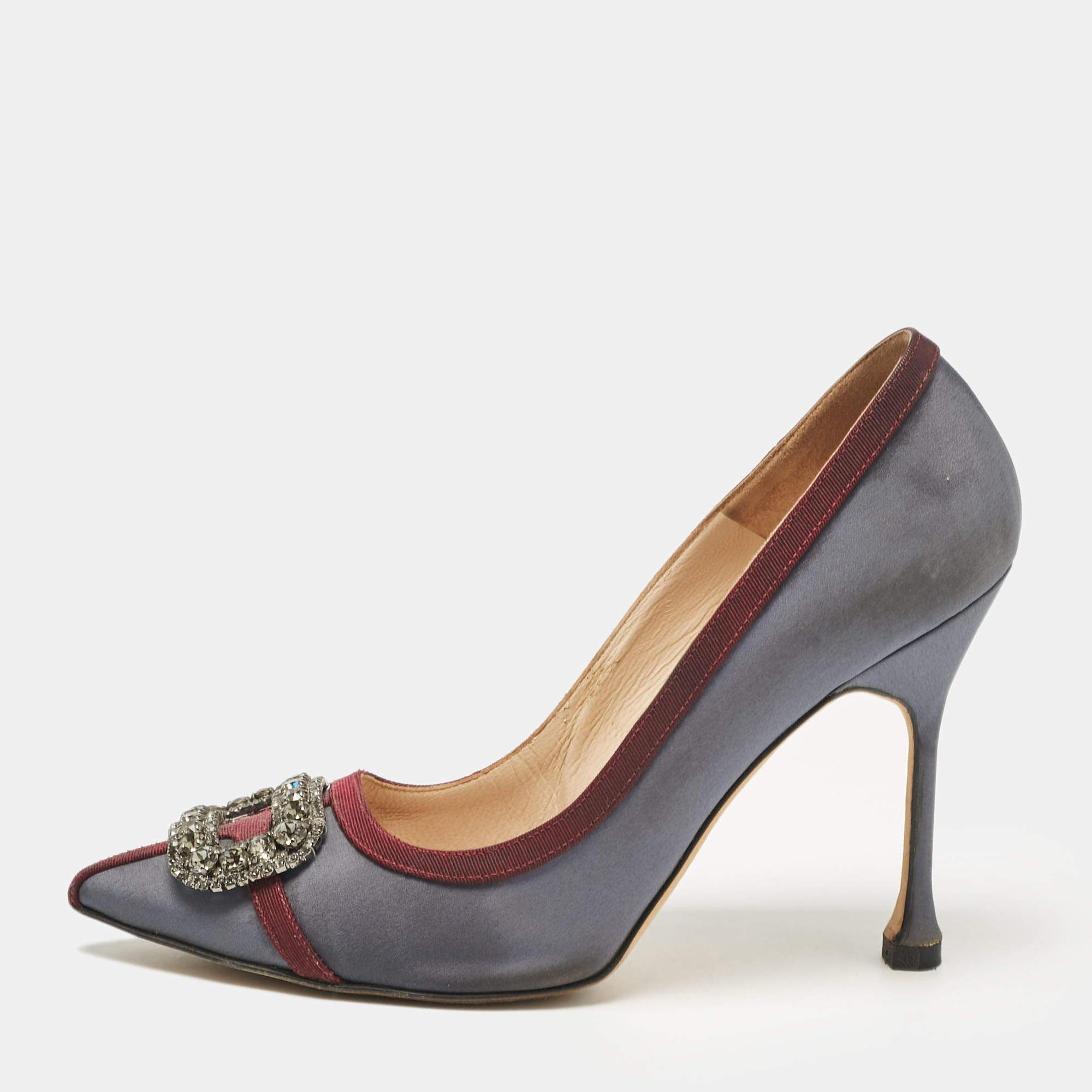 Manolo Blahnik Grey/Burgundy Satin Gotrian Pumps Size 39