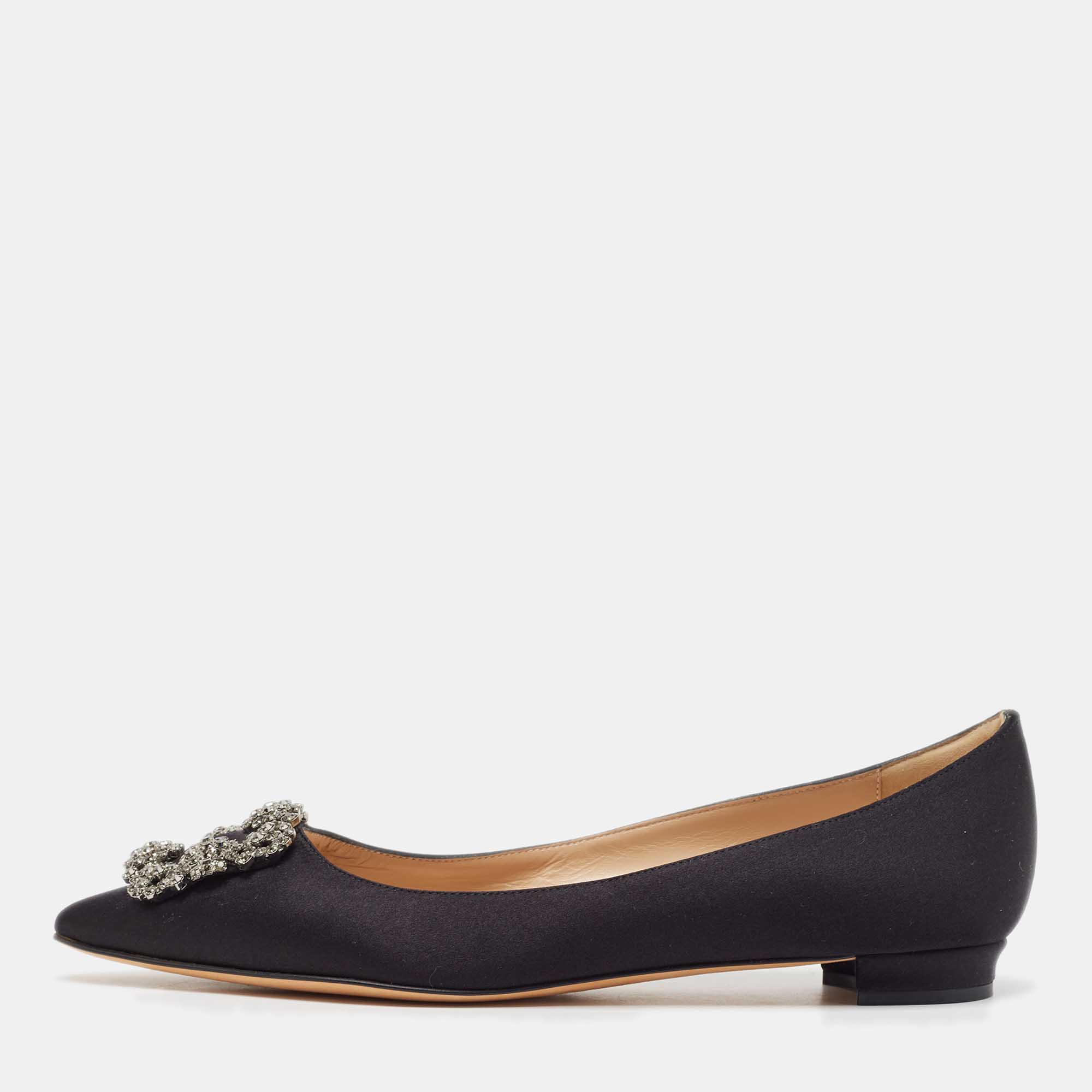 Manolo Blahnik Black Satin Hangisi Ballet Flats Size 39