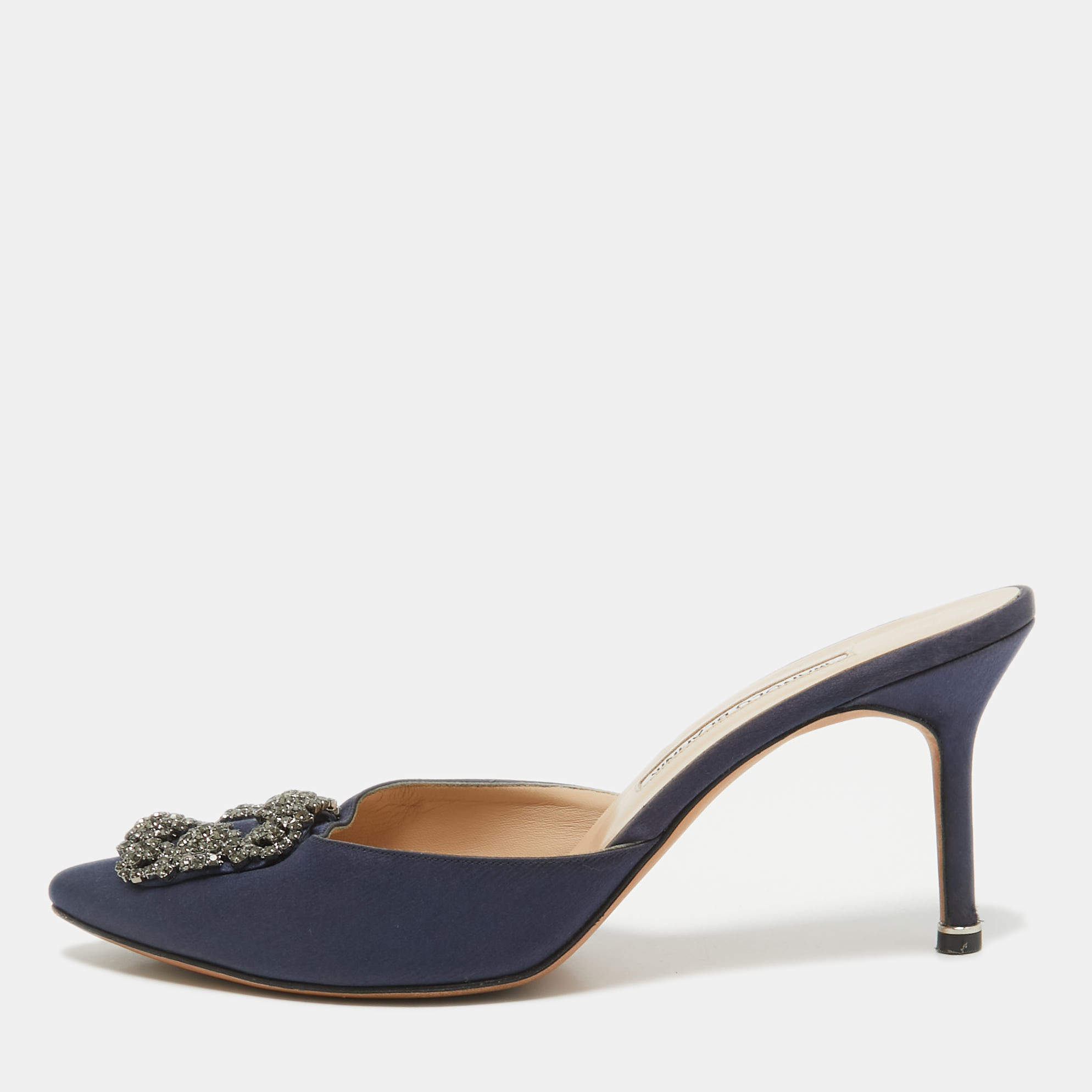 Manolo Blahnik Navy Blue Satin Hangisi Mules Size 40