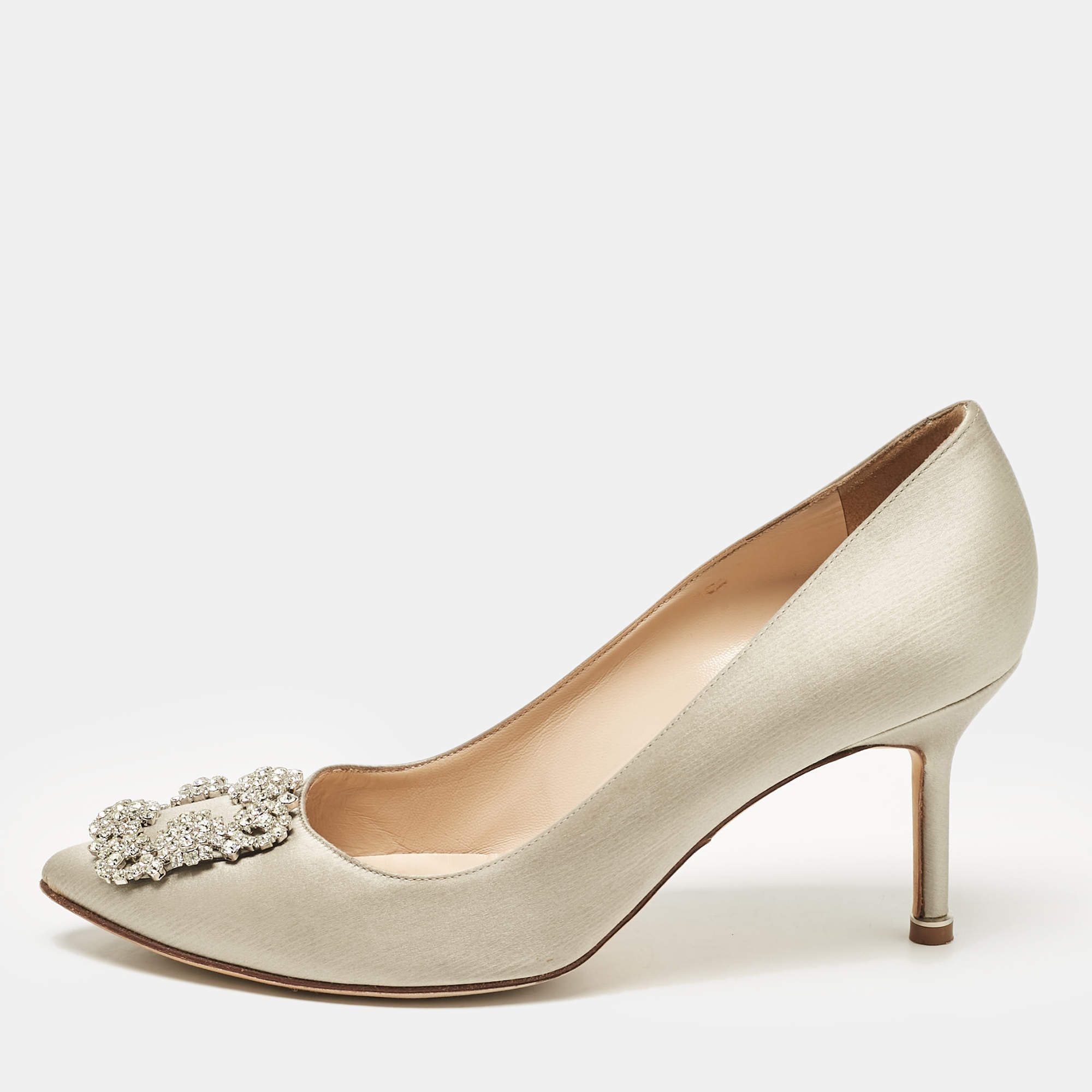 Manolo Blahnik Light Grey Satin Hangisi Pumps Size 38.5