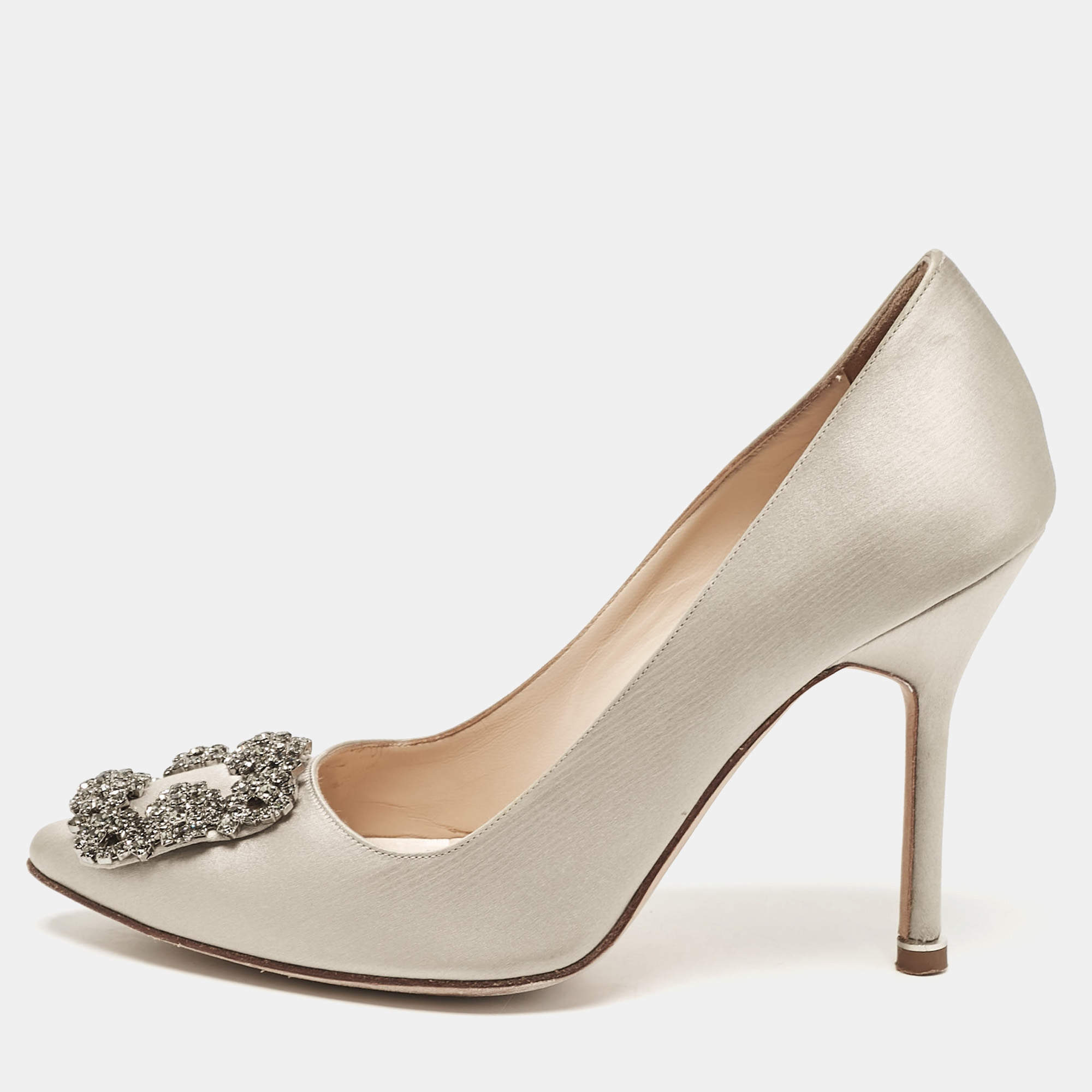 Pre Owned Manolo Blahnik Grey Satin Hangisi Pumps Size 36