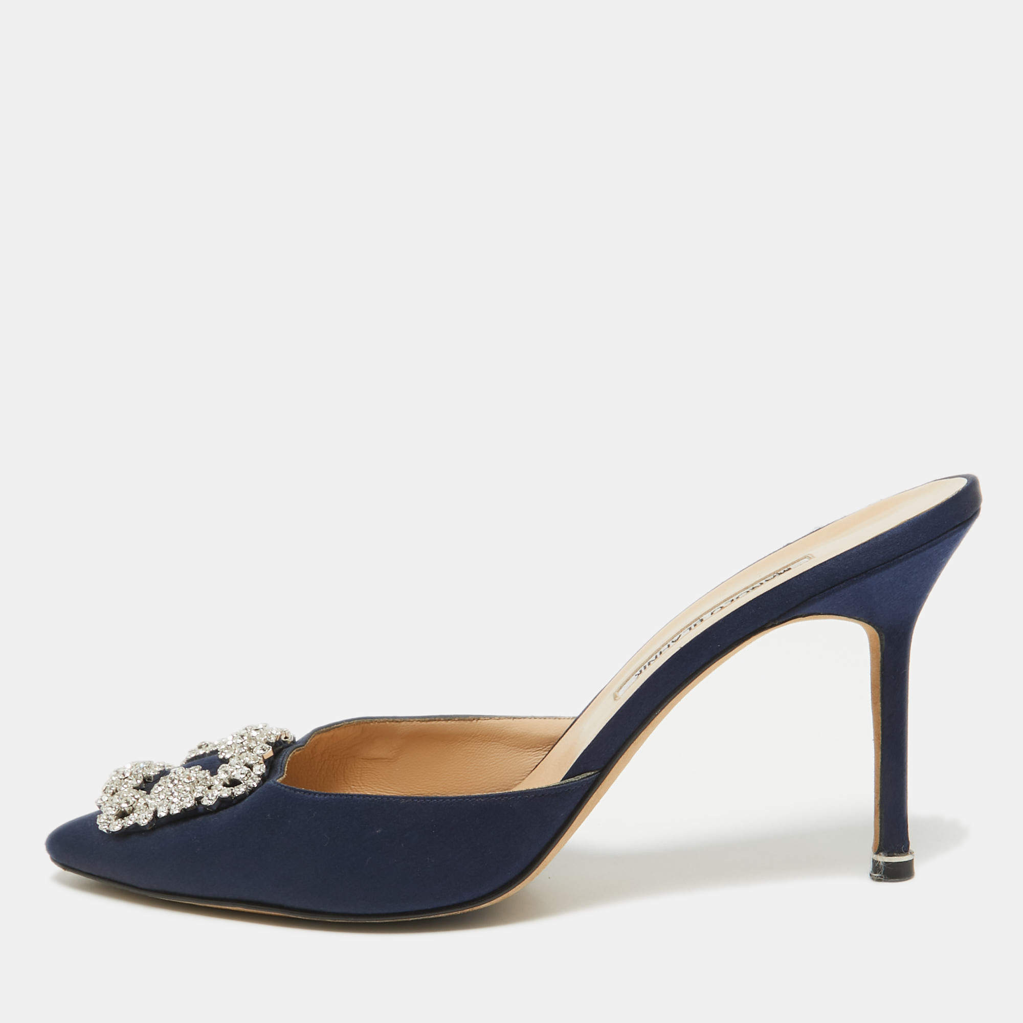 Pre Owned Manolo Blahnik Navy Blue Satin Hangisi Mules Size 41