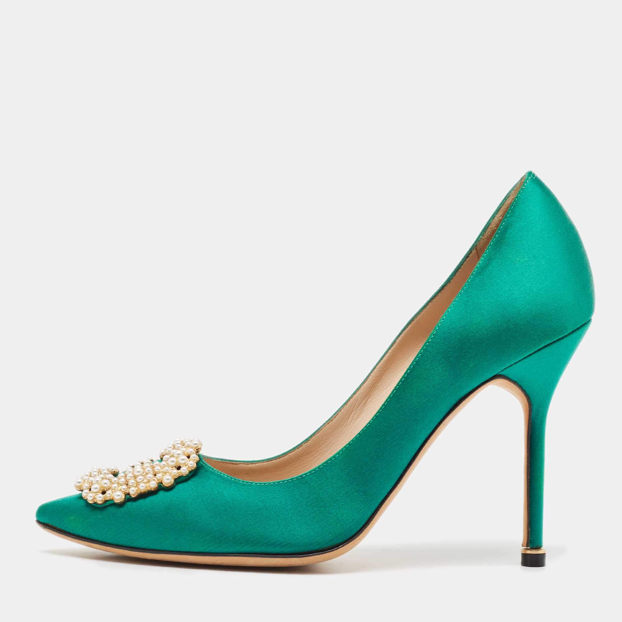 Pre Owned Manolo Blahnik Green Satin Hangisi Pumps Size 39.5