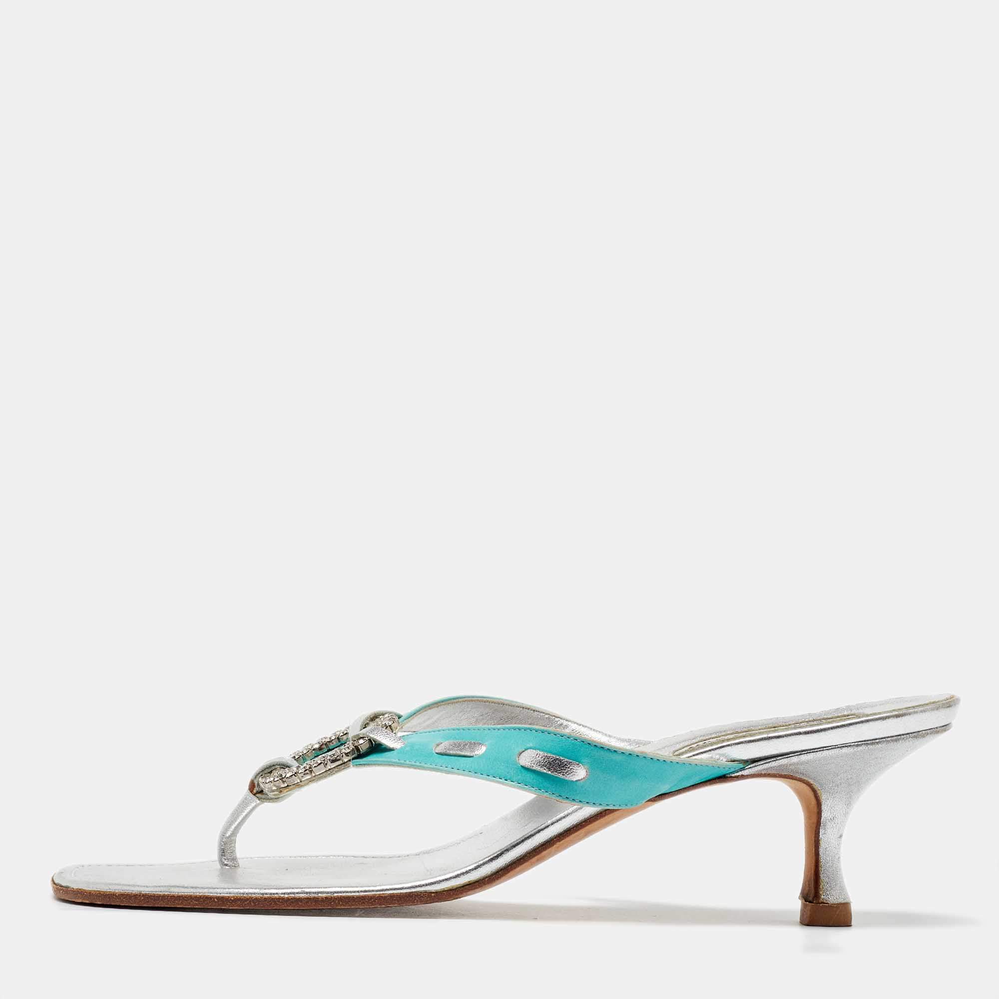 Pre Owned Manolo Blahnik Blue/Silver Leather Crystal Embellished Thong Sandals Size 41