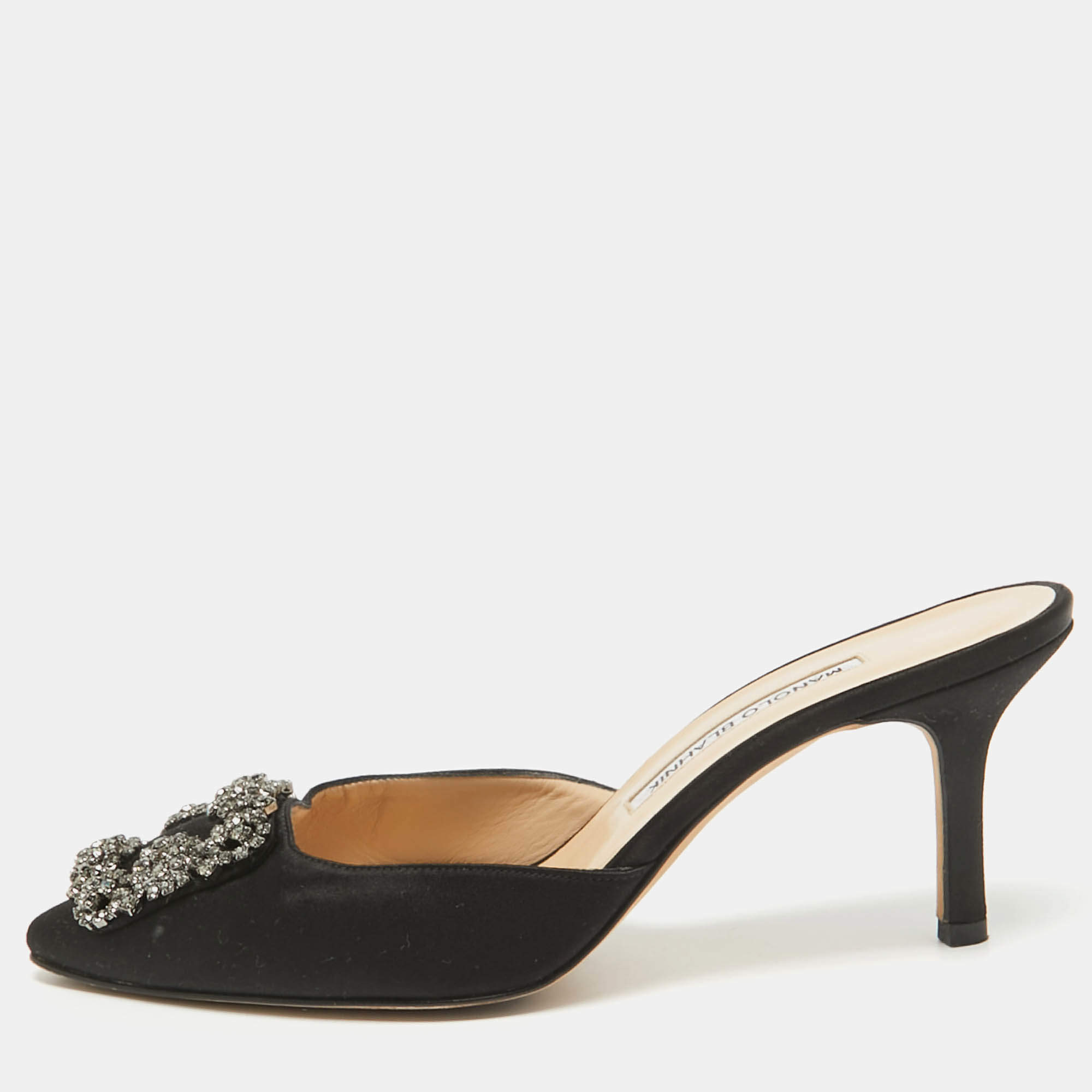 Pre Owned Manolo Blahnik Black Satin Hangisi Mules Size 37.5