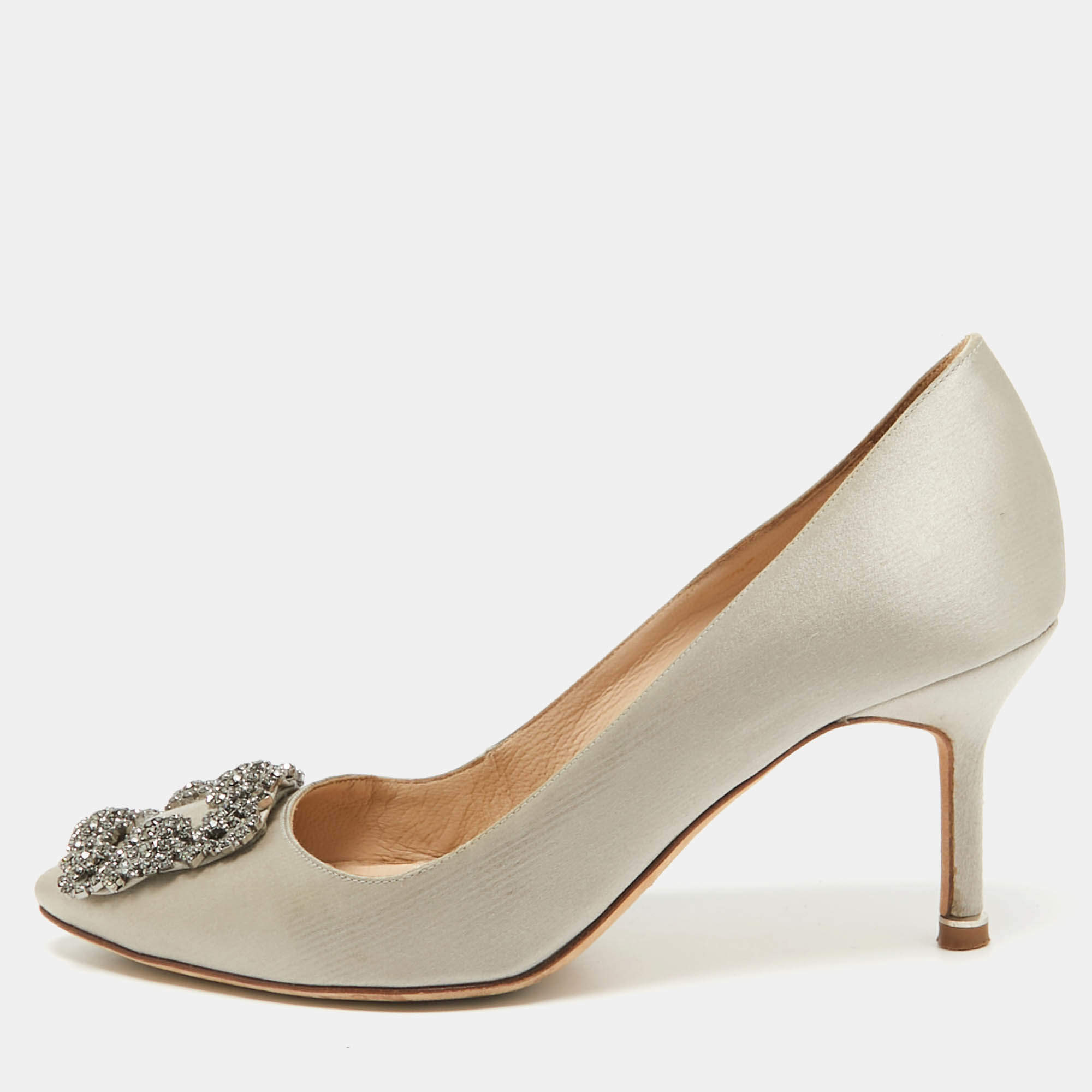 Pre Owned Manolo Blahnik Grey Satin Hangisi Pumps Size 37