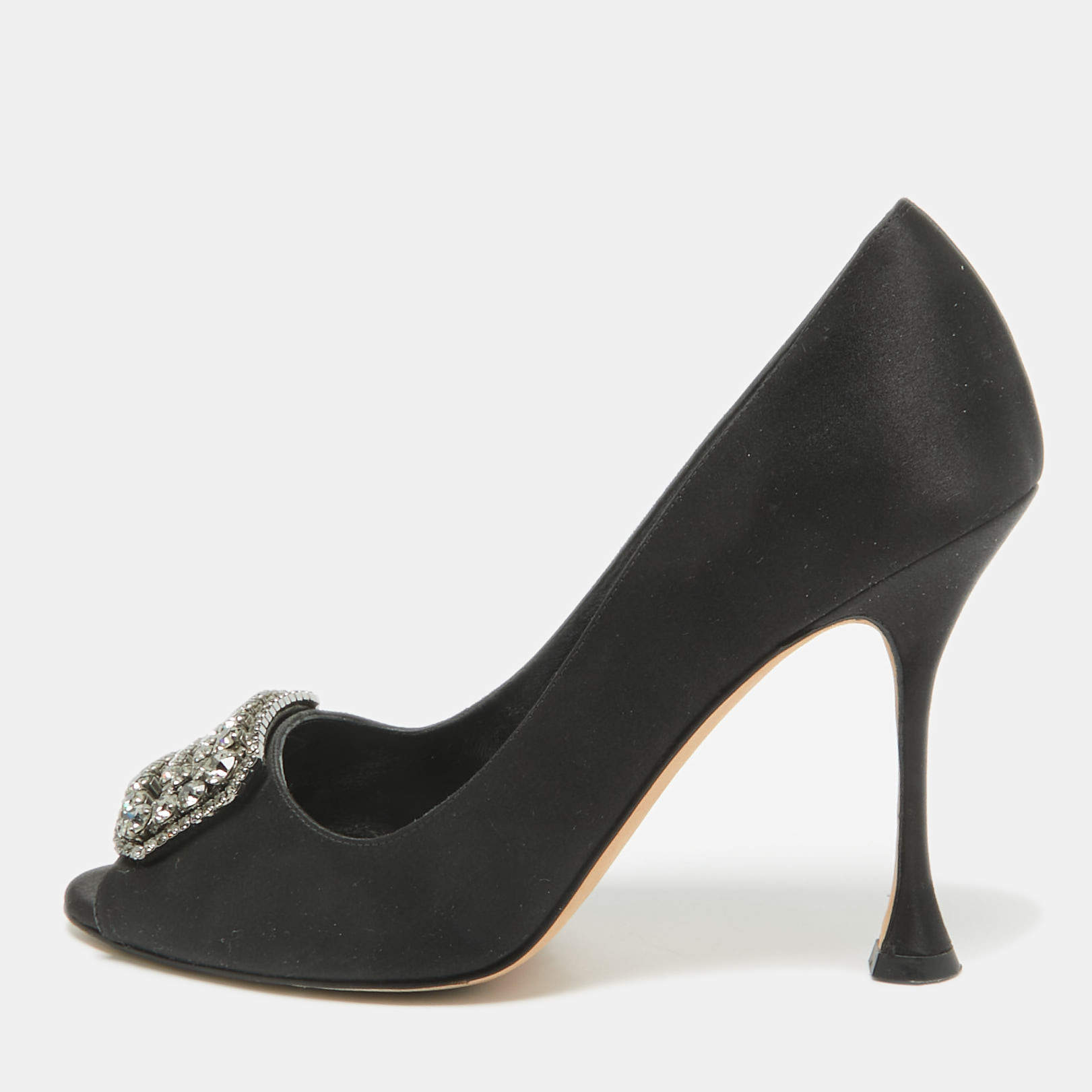Manolo Blahnik Black Satin Matik Peep Toe Pumps Size 37.5