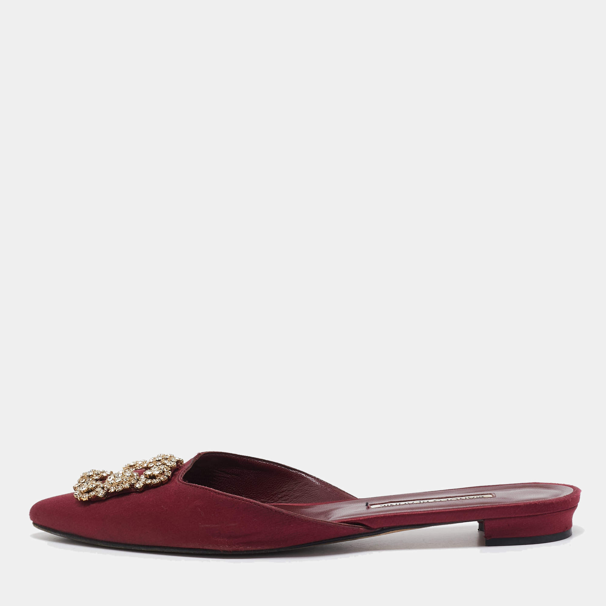 Pre Owned Manolo Blahnik Burgundy Satin Hangisi Crystal Embellished Flat Mules Size 39