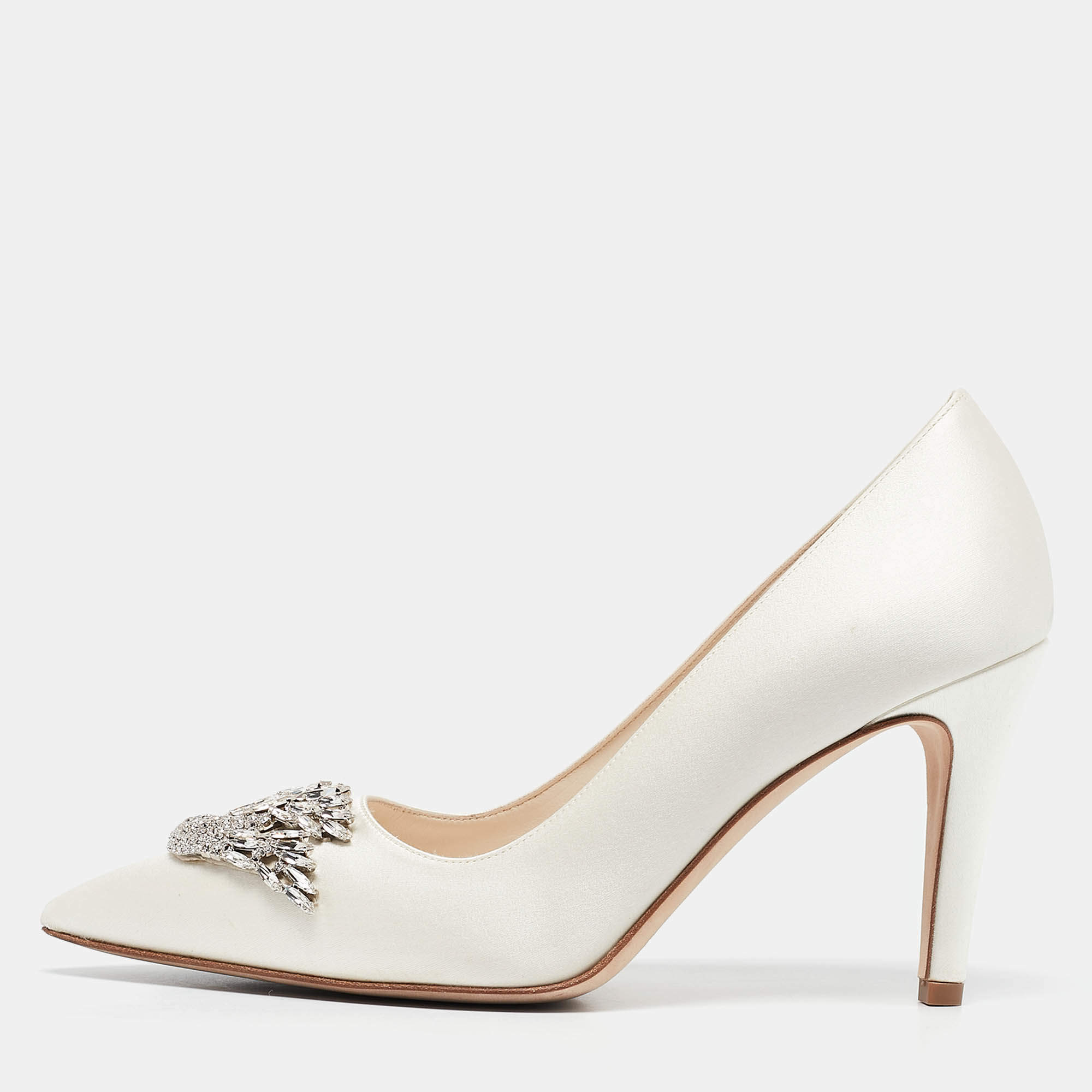 Pre Owned Manolo Blahnik White Satin Rhinestone Pumps Size 37.5