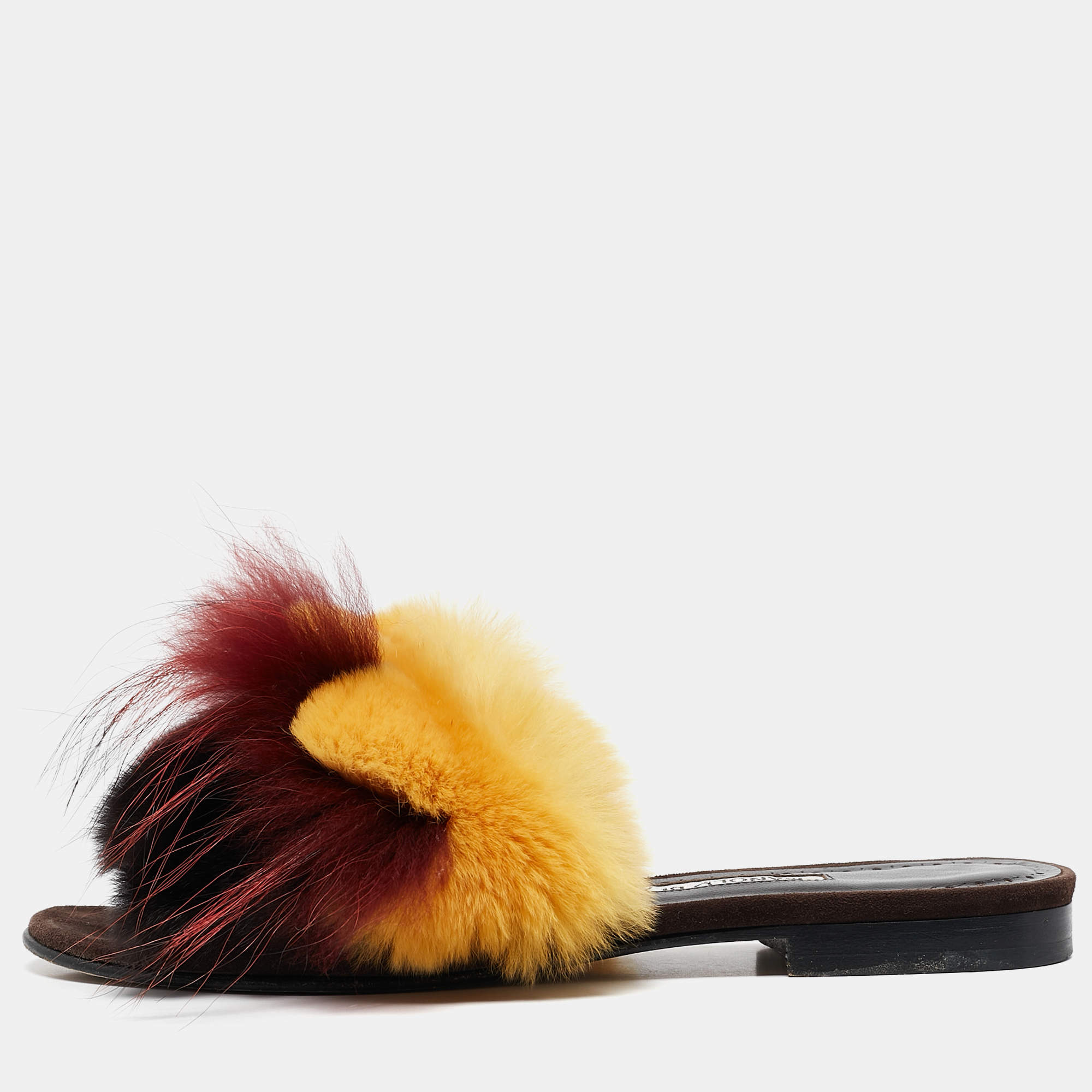 Manolo Blahnik Multicolor Mink Fur Slide Sandals Size 37