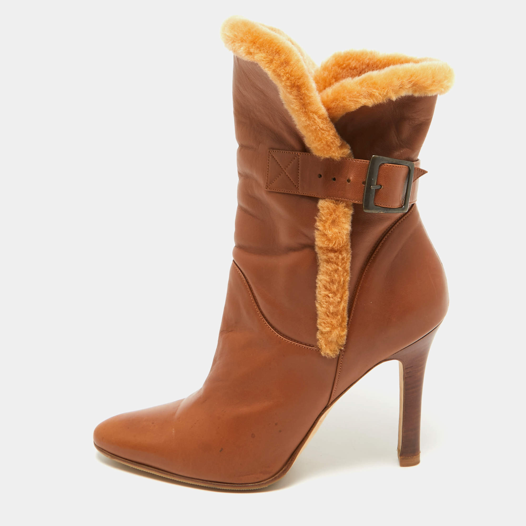 Manolo Blahnik Brown Fur and Leather Ankle Length Boots Size 39.5