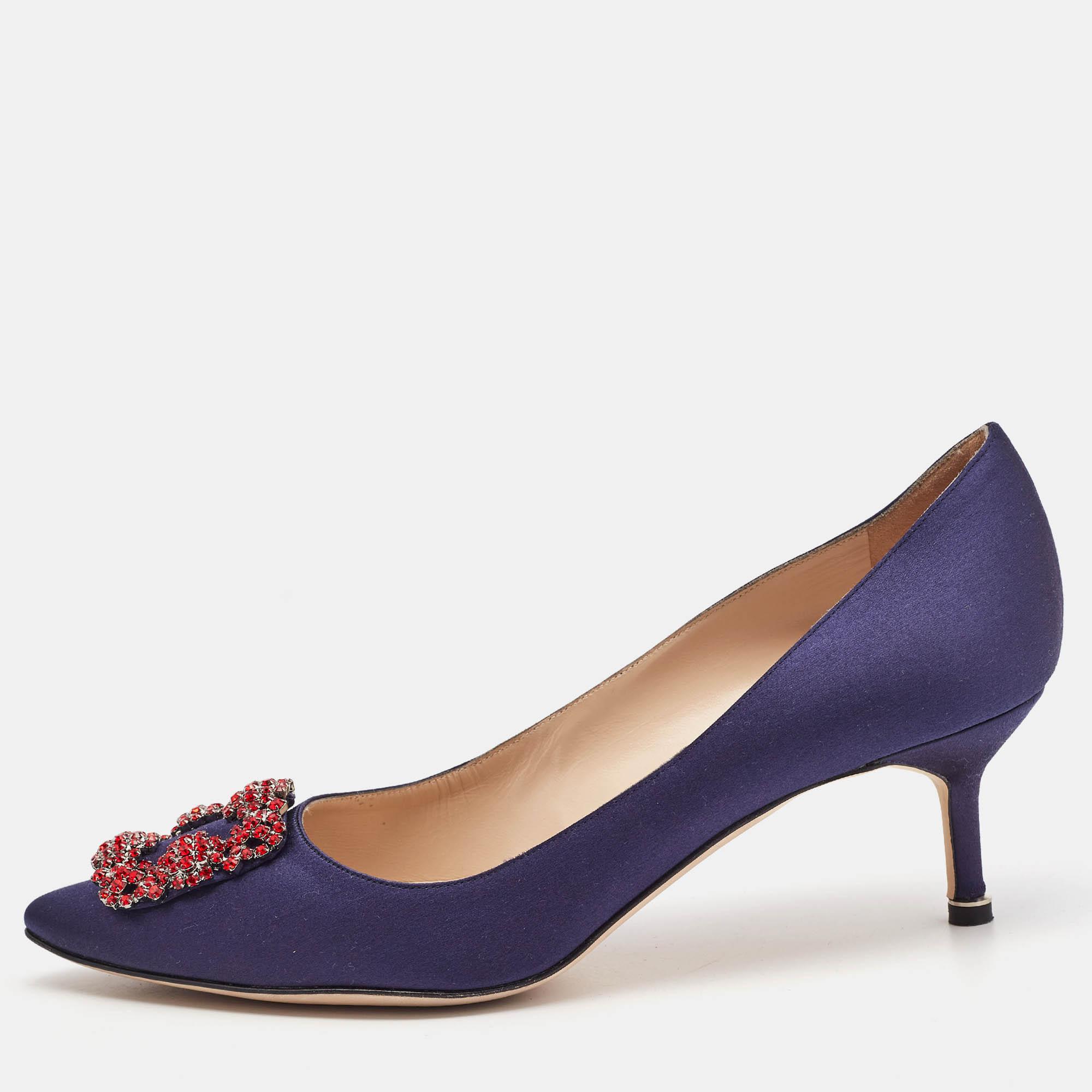 Pre Owned Manolo Blahnik Navy Blue Satin Hangisi Pumps Size 40