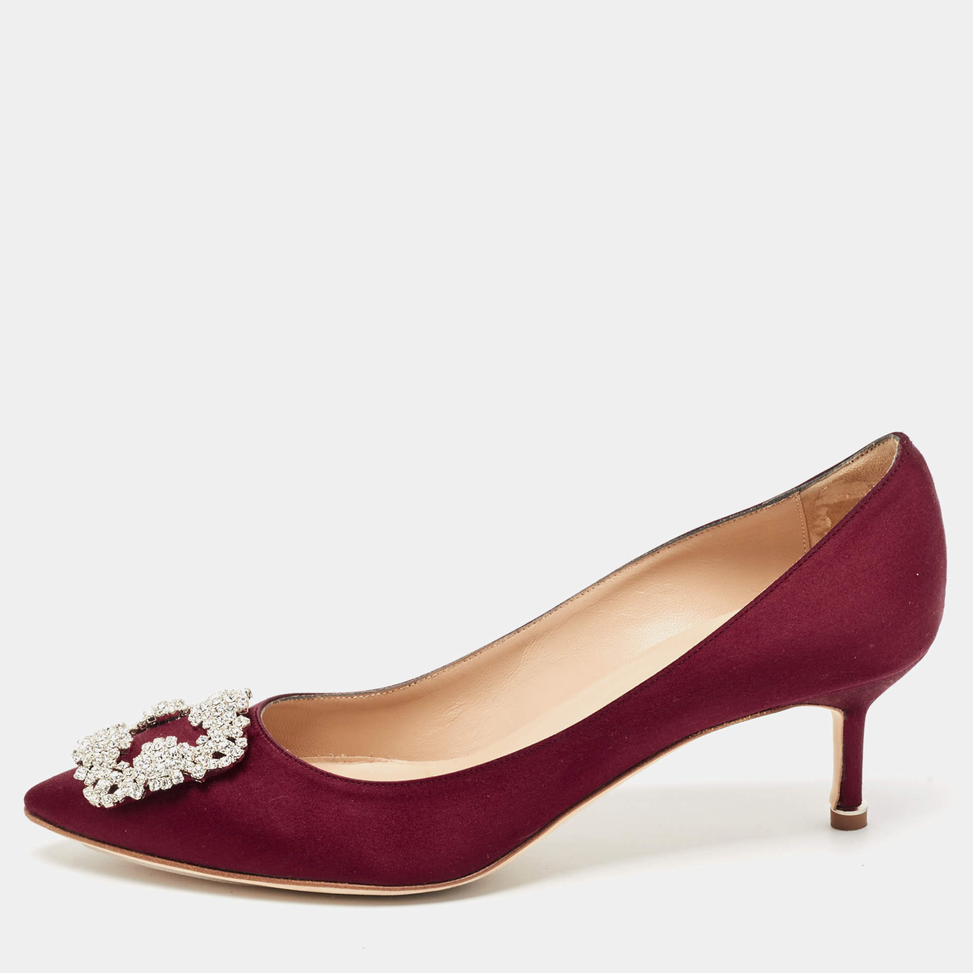 Pre Owned Manolo Blahnik Burgundy Satin Hangisi Pumps Size 40.5