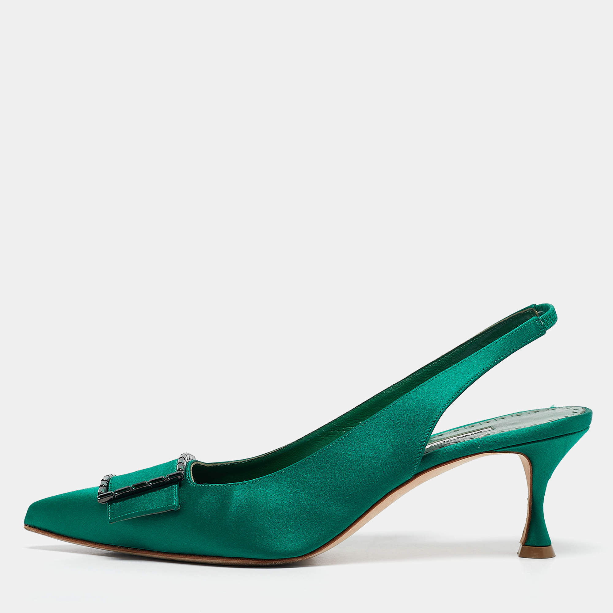 Pre Owned Manolo Blahnik Green Satin Dolores Slingback Pumps Size 39