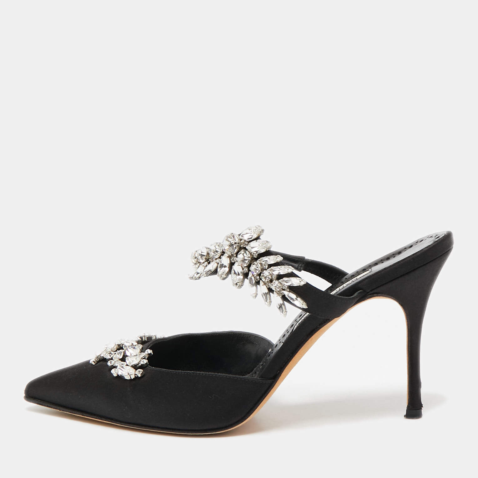 Manolo Blahnik Black Satin Crystal Embellished Lurum Mules Size 40