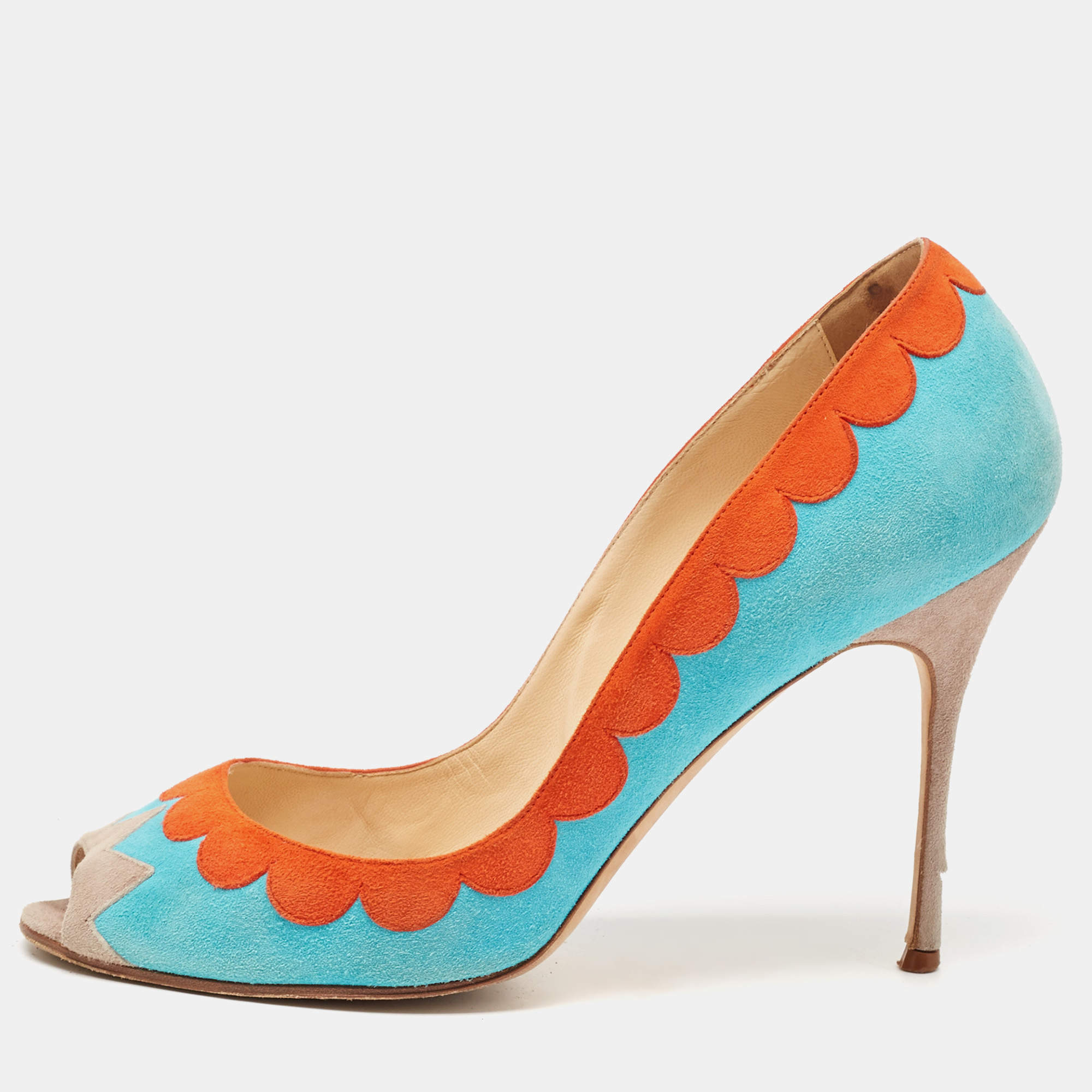 Manolo Blahnik Blue/Orange Suede Peep Toe Pumps Size 41