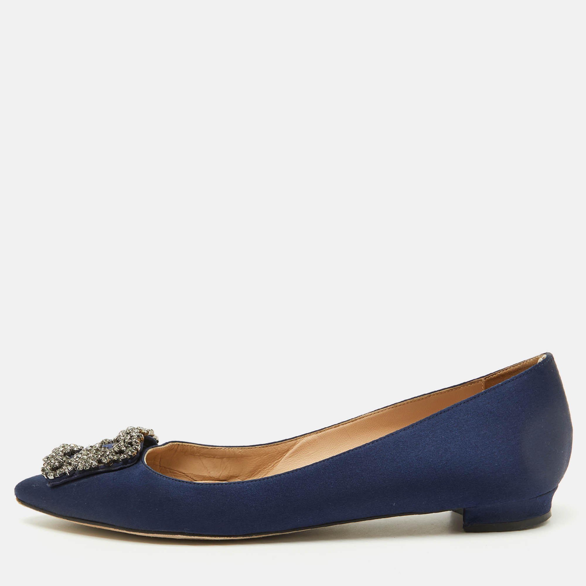 Pre Owned Manolo Blahnik Navy Blue Satin Hangisi Ballet Flats Size 38