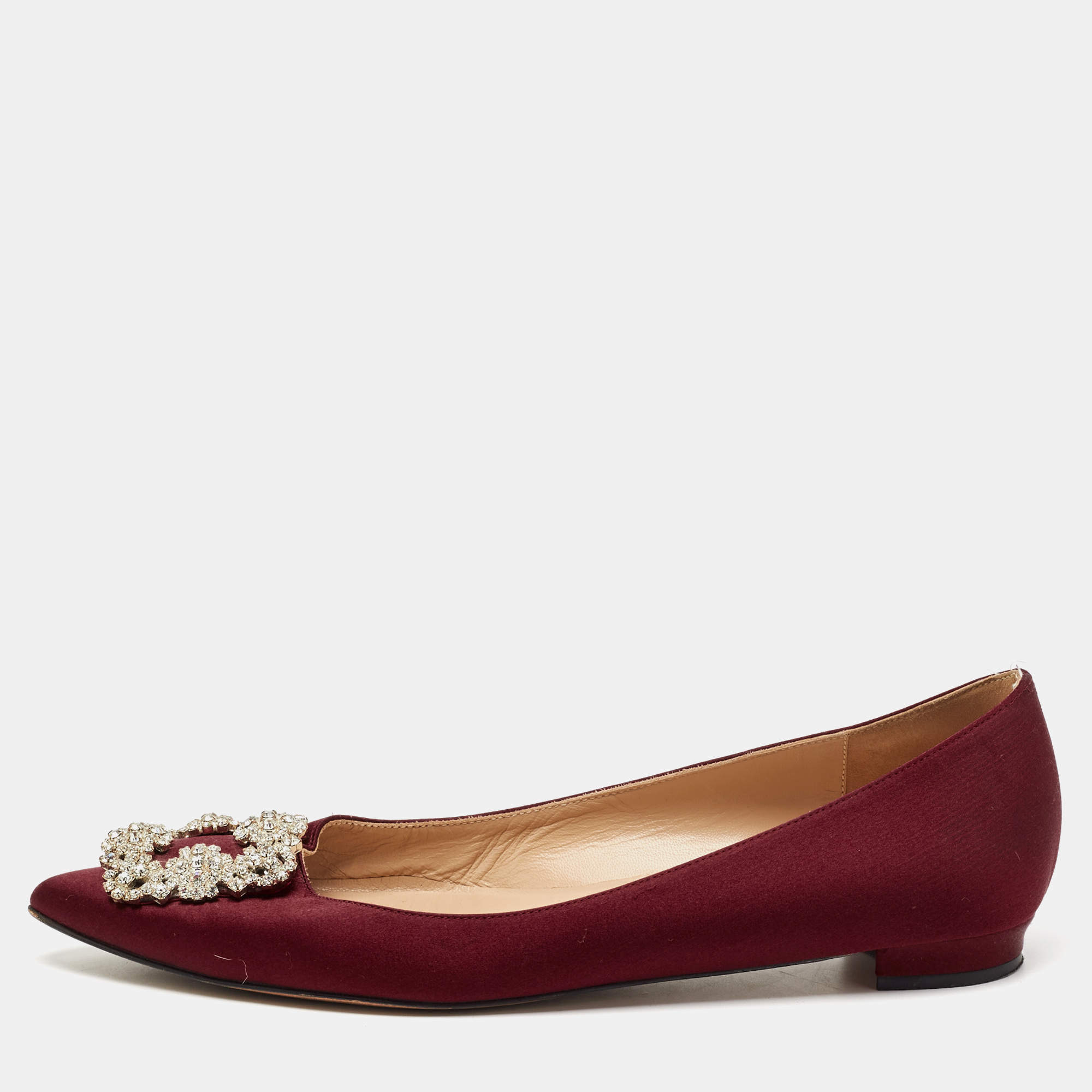 Pre Owned Manolo Blahnik Burgundy Satin Hangisi Ballet Flats Size 39