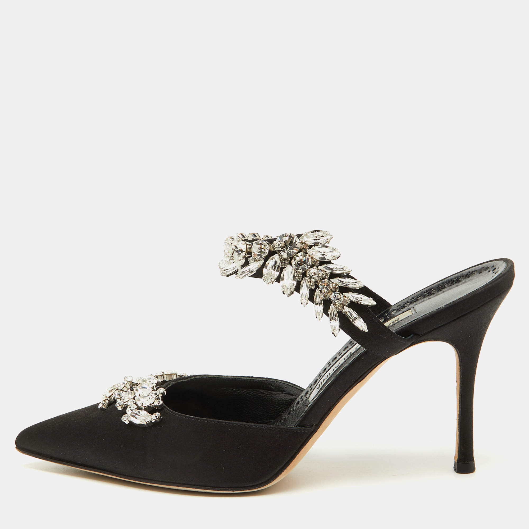 Pre Owned Manolo Blahnik Black Satin Crystal Embellished Lurum Pointed Toe Mules Size 38