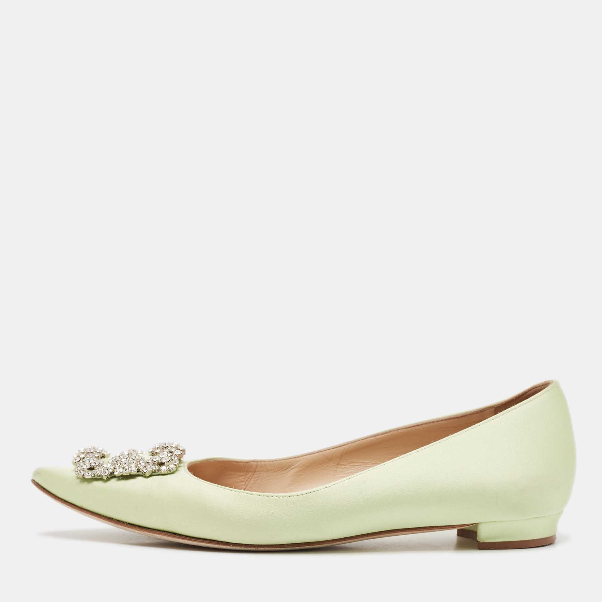 Manolo Blahnik Light Green Satin Hangisi Ballet Flats Size 38
