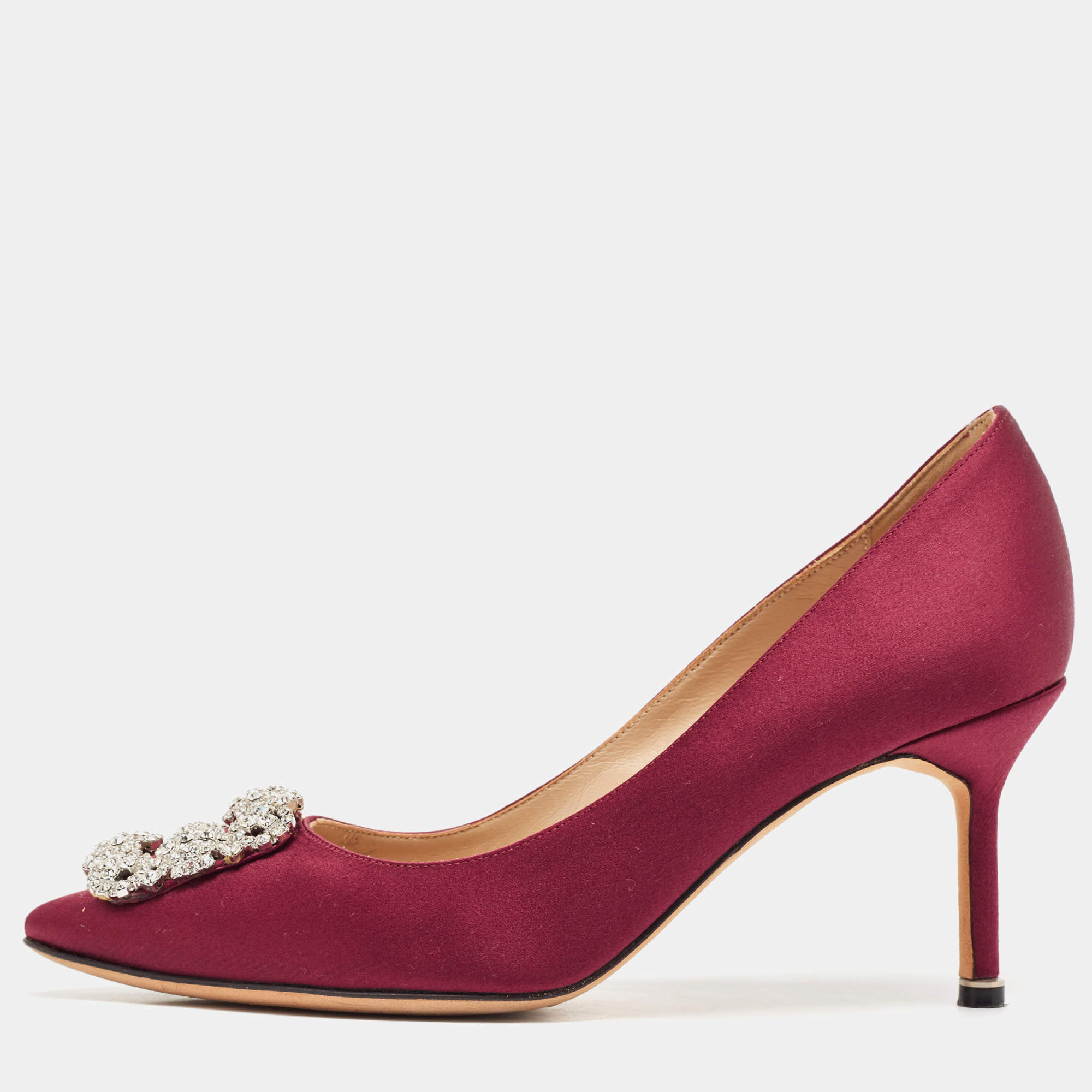 Pre Owned Manolo Blahnik Burgundy Satin Hangisi Pumps Size 39