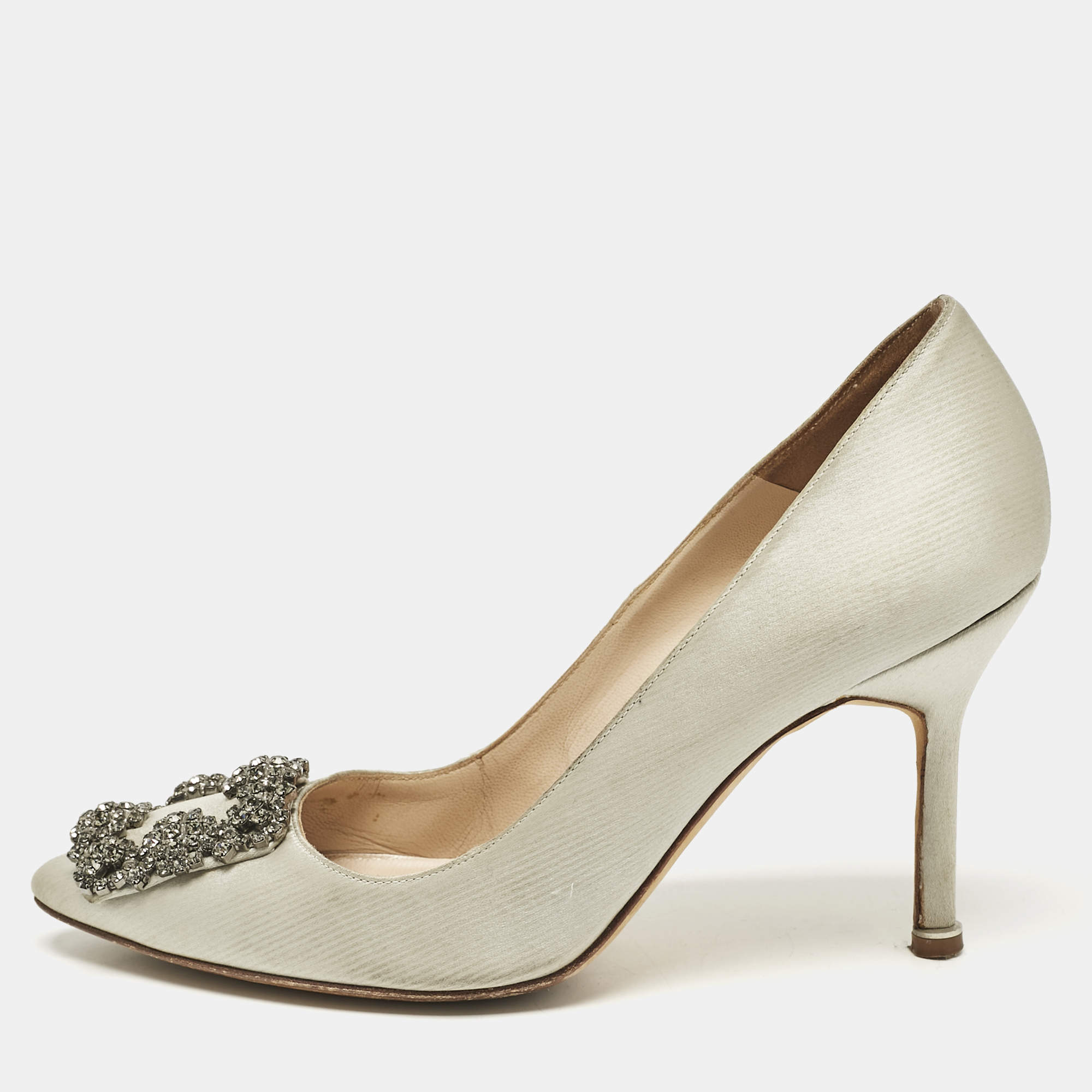 Manolo Blahnik Grey Satin Hangisi Crystal Embellished Pumps Size 36