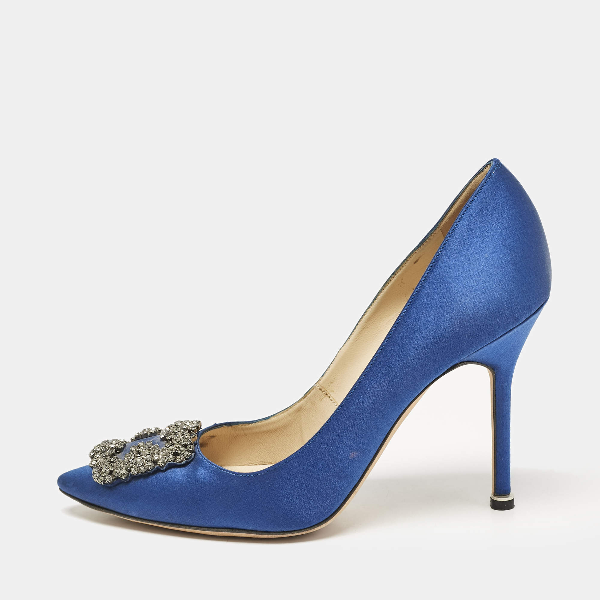 Pre Owned Manolo Blahnik Blue Satin Hangisi Pumps Size 38.5