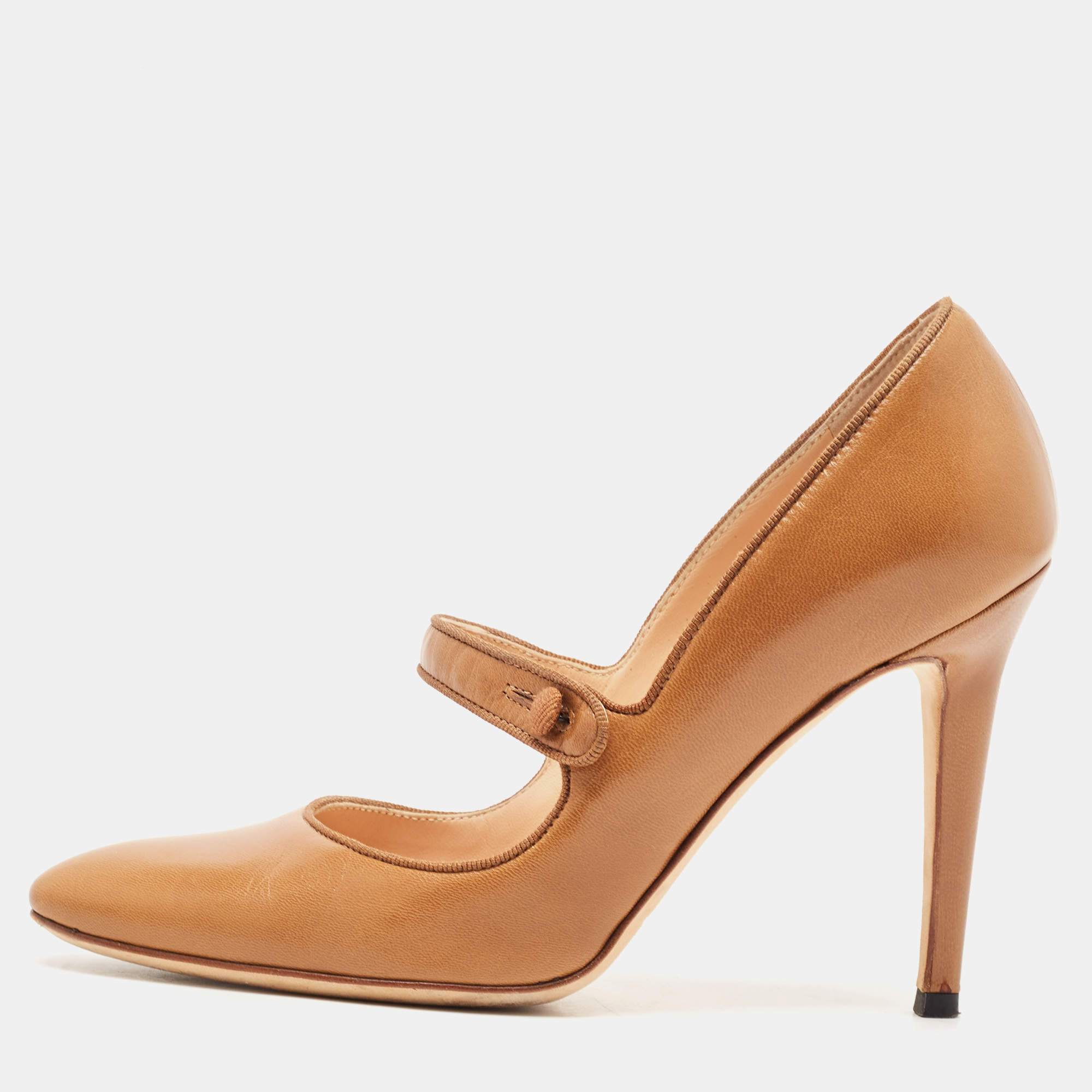 Manolo Blahnik Brown Leather Camparinew Mary Jane Pumps Size 35
