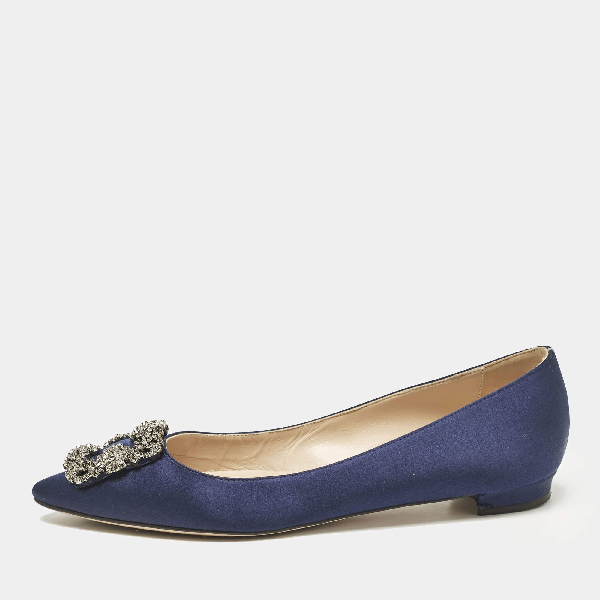 Manolo Blahnik Navy Blue Satin Hangisi Ballet Flats Size 38