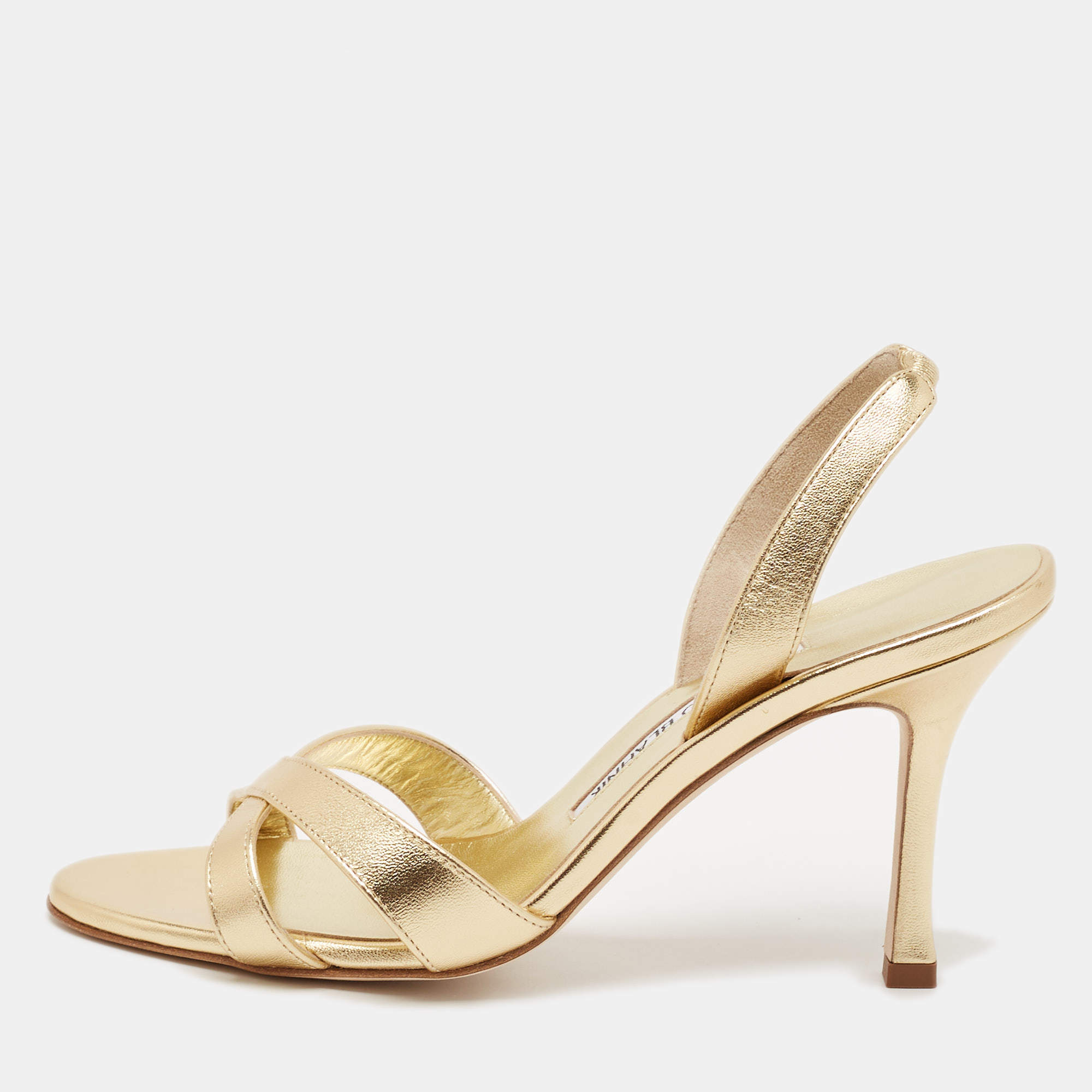 Pre Owned Manolo Blahnik Gold Leather Crisscross Ankle Strap Sandals Size 36.5