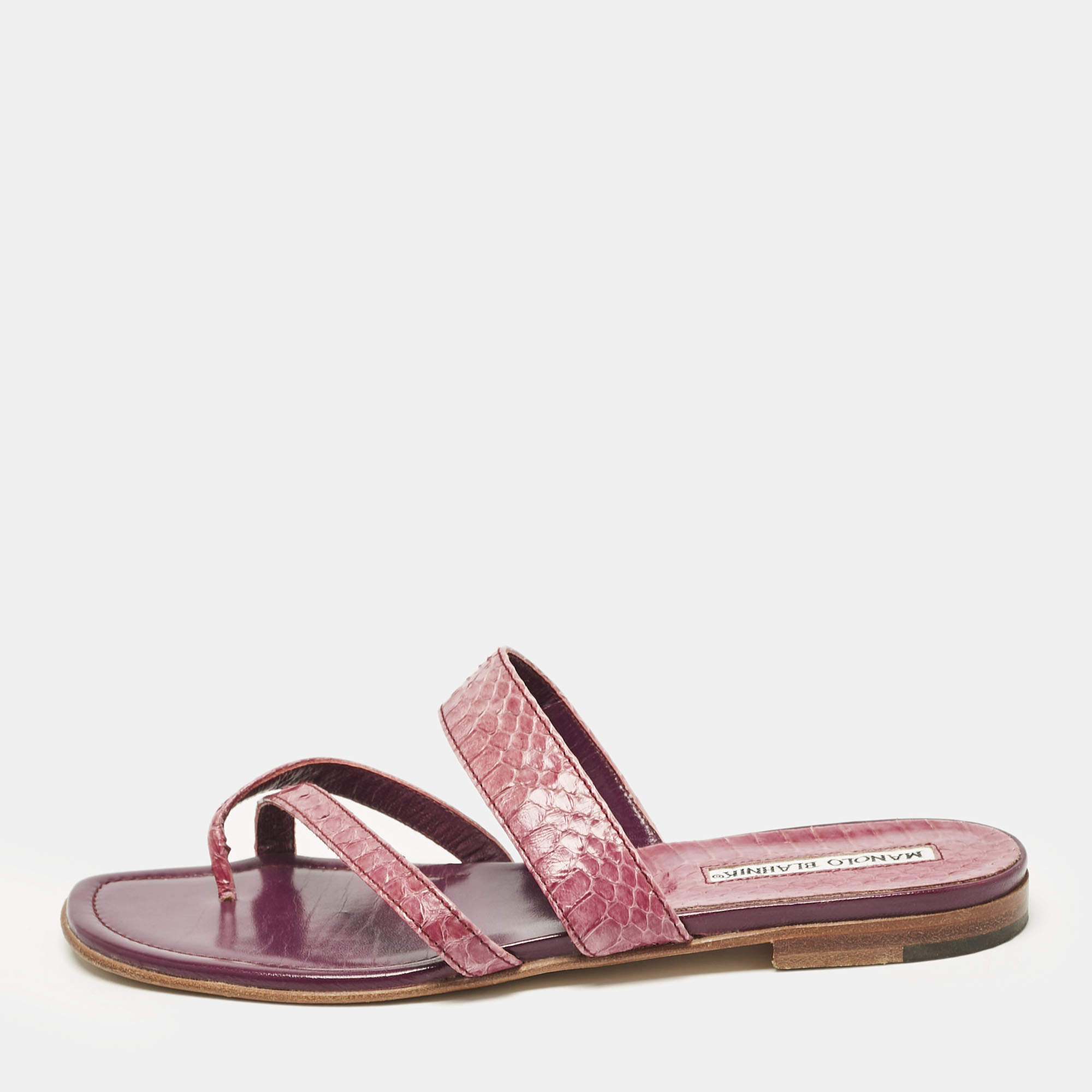 Manolo Blahnik Purple Python Leather Susa Flat Slides Size 38.5